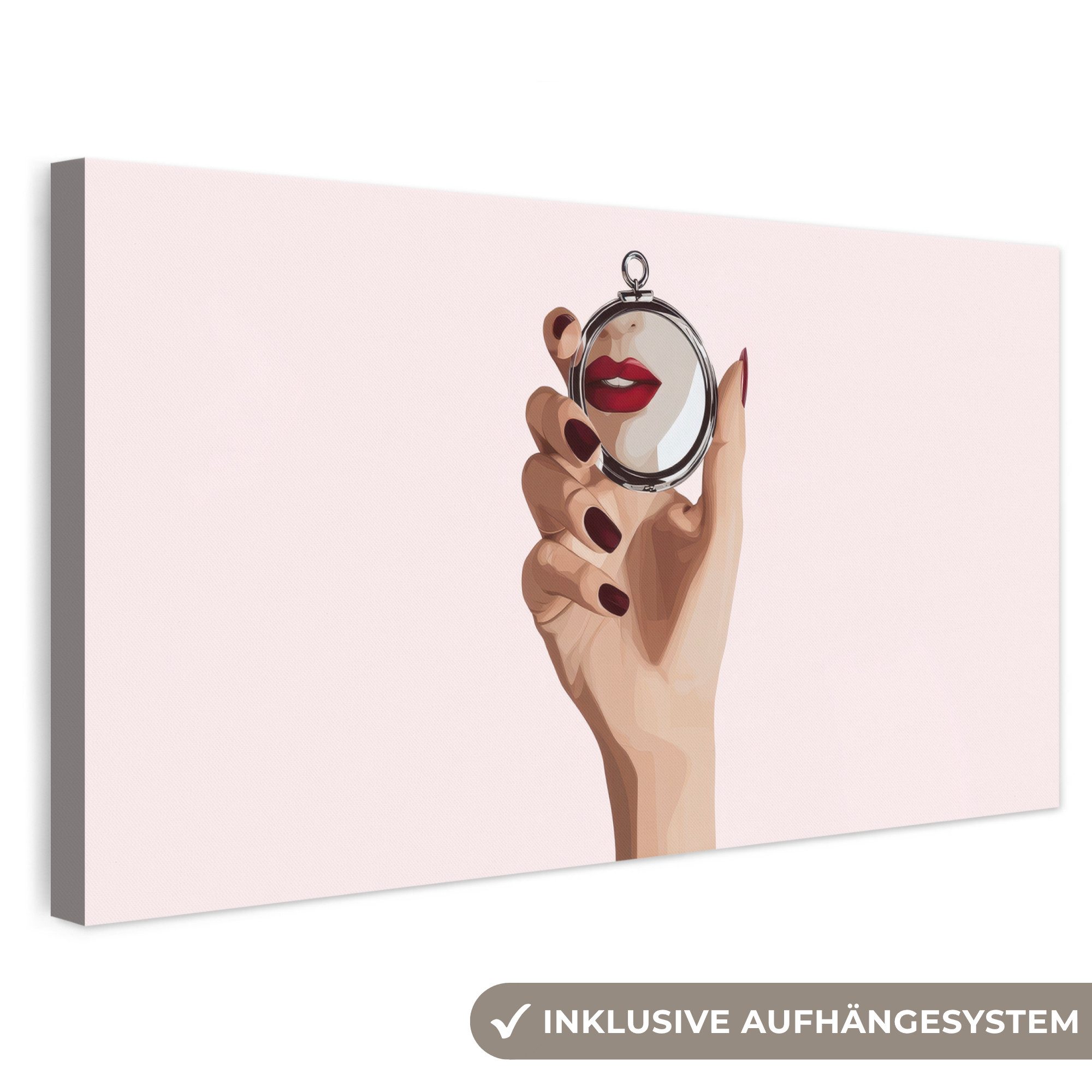 OneMillionCanvasses® Leinwandbild Panorama Spiegel - Rote Lippen, Fotodruck (1 St), Wandbild, Deko Schlafzimmer Wohnzimmer Flur 40x20 cm