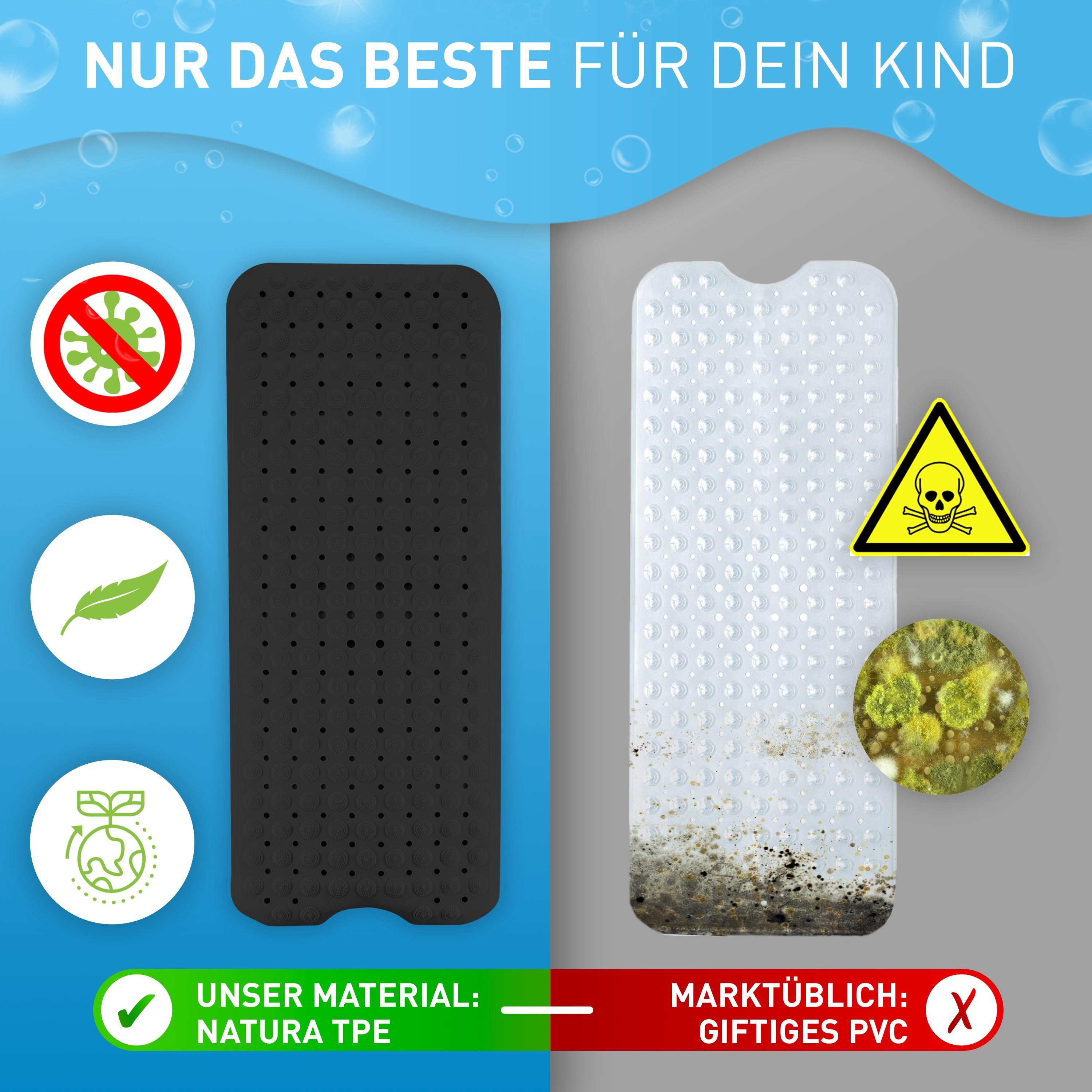 - Badewannenmatte kein 100x40cm, Maschinenwaschbar Schwarz rutschfest FLIPLINE® Hautsensitiv Kinder TPE und PVC, BPA für aus Maße: Wanneneinlage Babys Natura Frei,