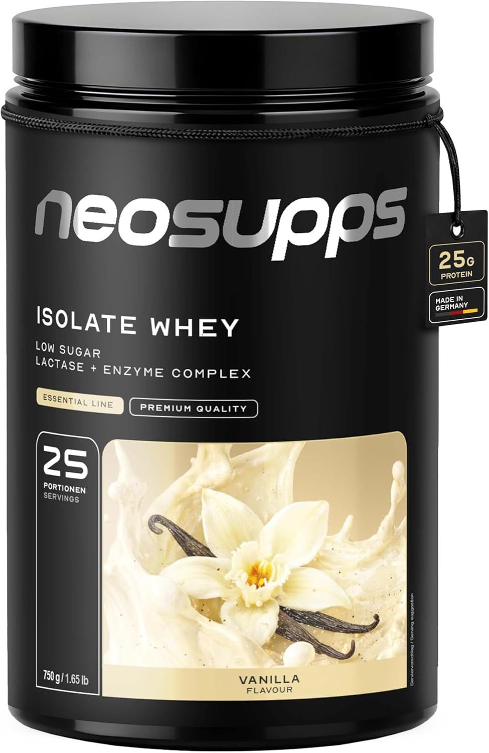 Neosupps Isolate Whey Protein Pulver Vanilla, 25g Protein pro Portion Pulver, 750 g, Eiweiss Shake unter 1g Zucker & Fett, mit Bromelain und Papain