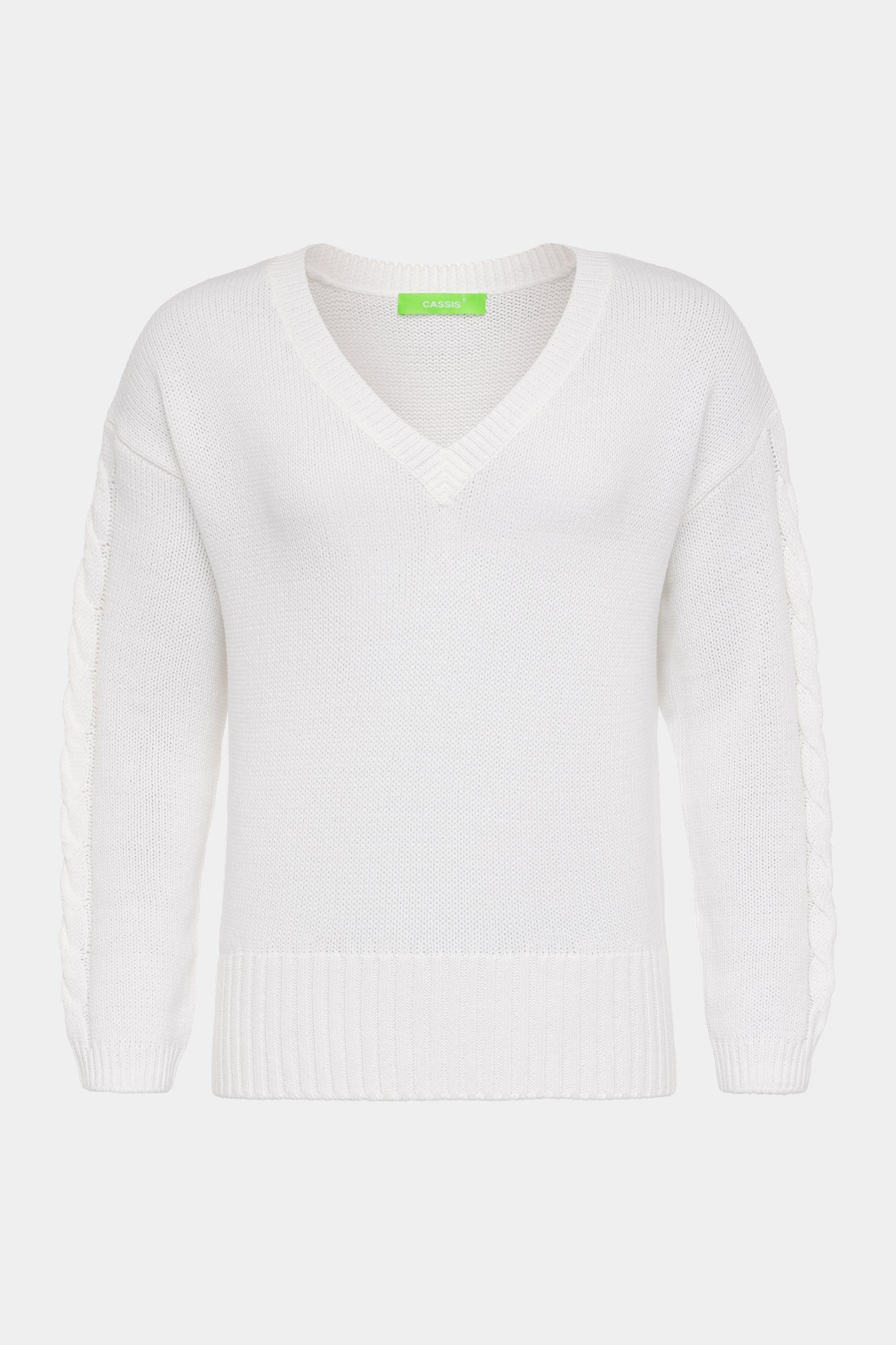 Cassis Strickpullover CASSIS Damenpullover White – V-Ausschnitt & Zopfmuste günstig online kaufen