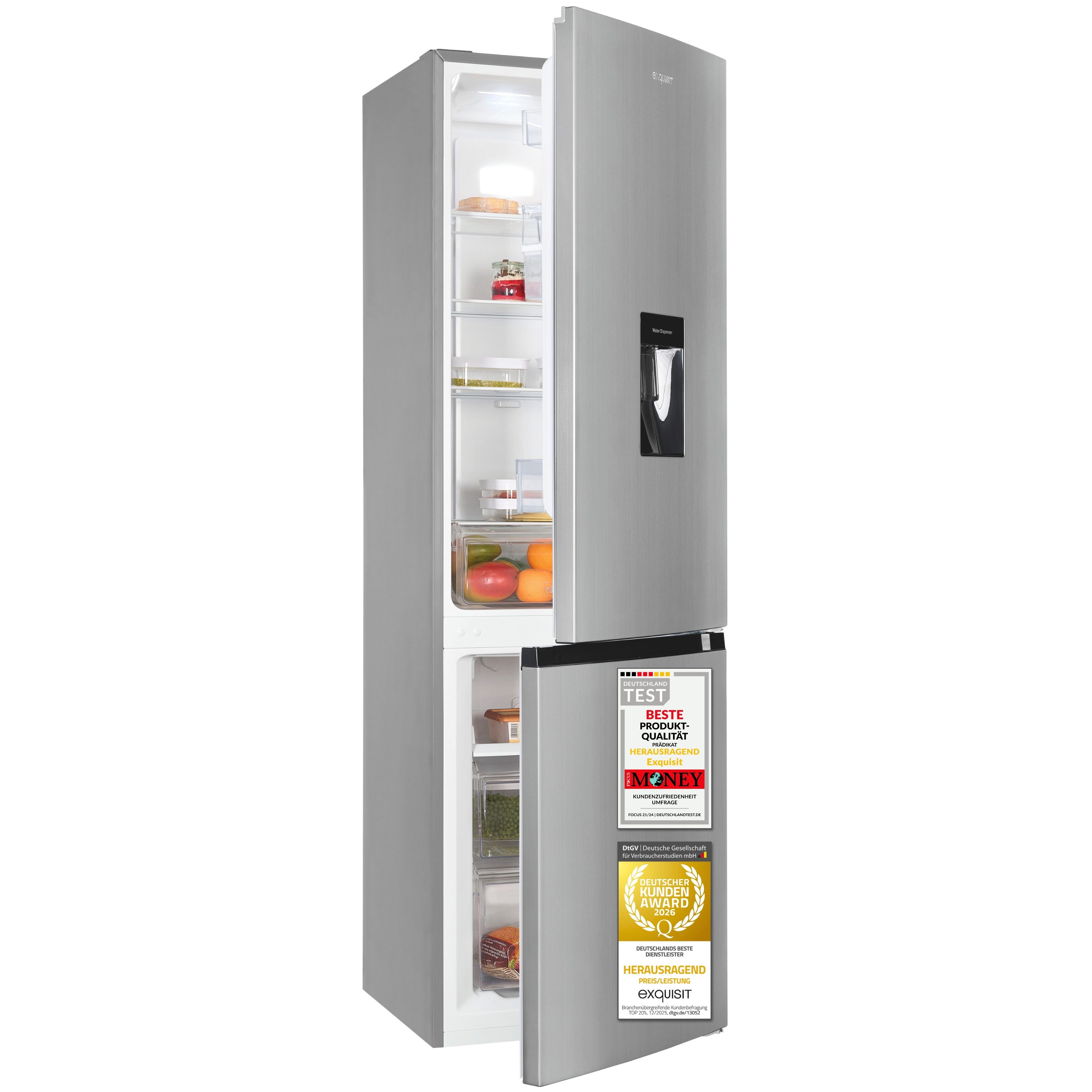 exquisit Kühl-/Gefrierkombination KGC5265-70-NF-WS-040C, 180,5 cm hoch, 54 cm breit, 251 l Nutzinhalt, LED Beleuchtung, Energieklasse C, 39 dB