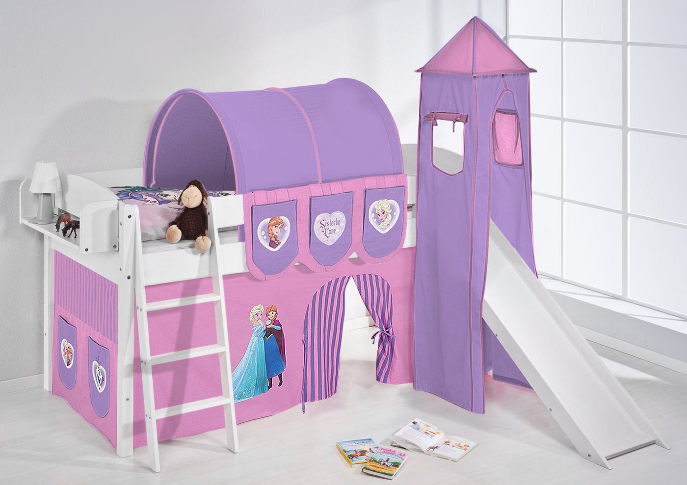 Lilokids Kinderbett Hochbett mit Turm&Rutsche IDA FROZEN Spielbett Eiskönigin Anna & Elsa