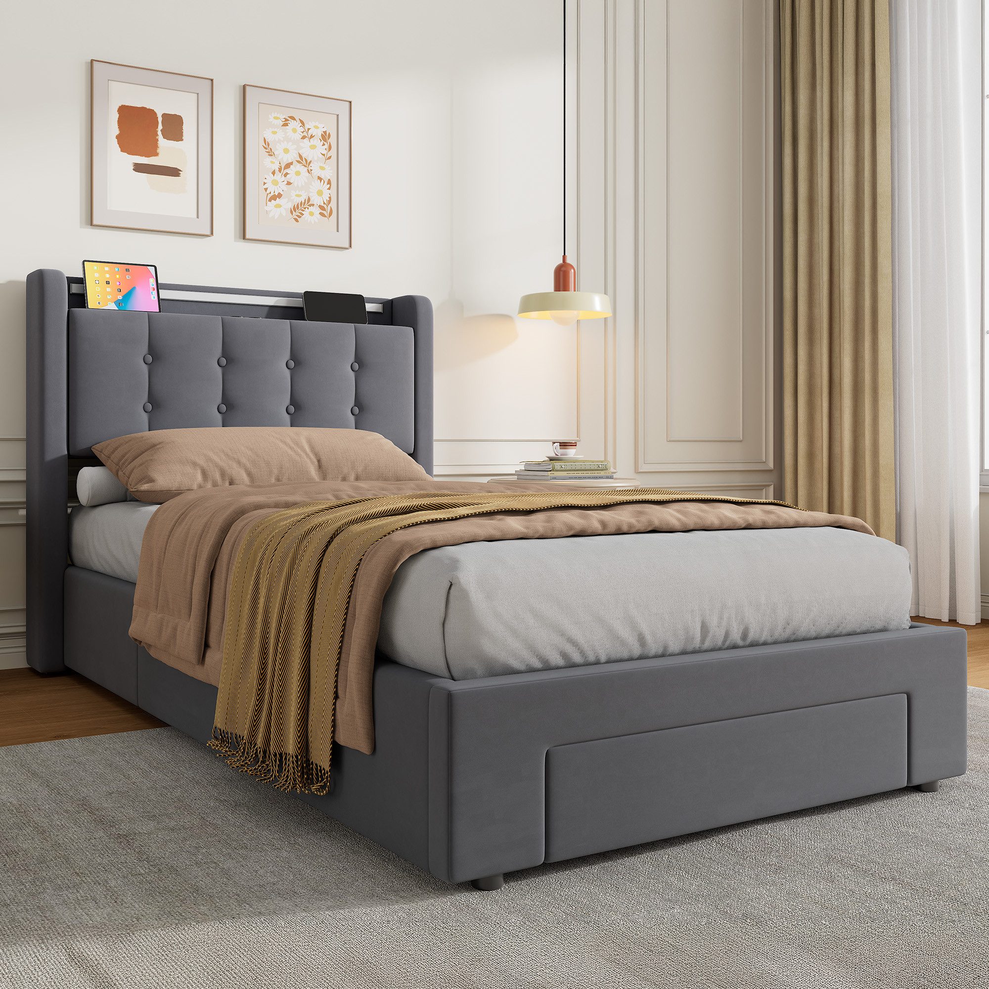 HAUSS SPOLE Polsterbett Stauraumbett mit Bettkasten,Einzelbett- oder Doppelbett erhältlich (90×200 Bettgestell Komfort-Einzelbett Schlafzimmerbett aus Samt, stabile Stahl-Holz-Konstruktion für hohen Schlafkomfort), Bettrahmen ohne Matratze
