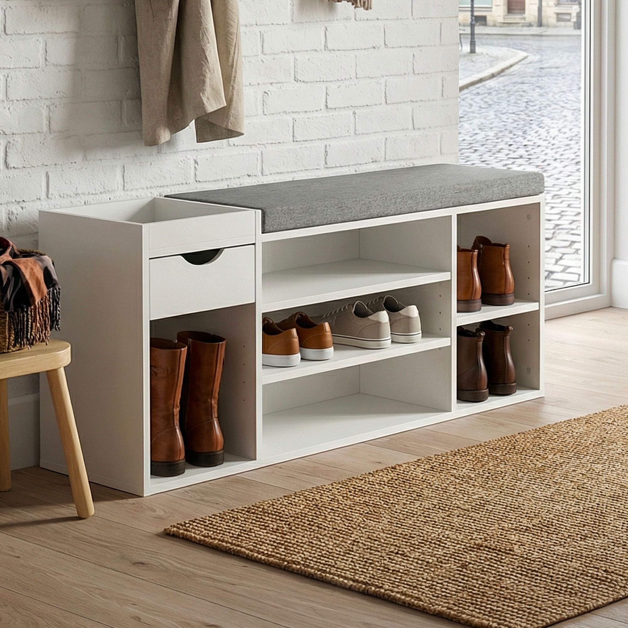 FINEBUY Schuhbank FB78602 Garderobenbank Weiß 100cm Flurbank Sitzbank Schuhregal Flur (Ordnung und Sitzkomfort für deinen Eingangsbereich), Flexible Ablagen und Schublade clever kombiniert