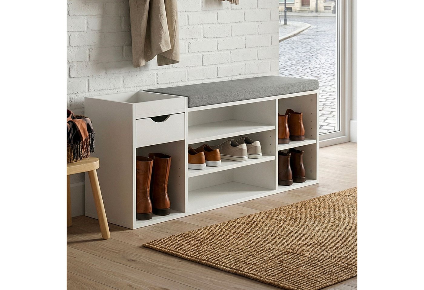 FINEBUY Schuhbank FB78602 Garderobenbank Weiß 100cm Flurbank Sitzbank Schuhregal Flur (Ordnung und Sitzkomfort für deinen Eingangsbereich), Flexible Ablagen und Schublade clever kombiniert
