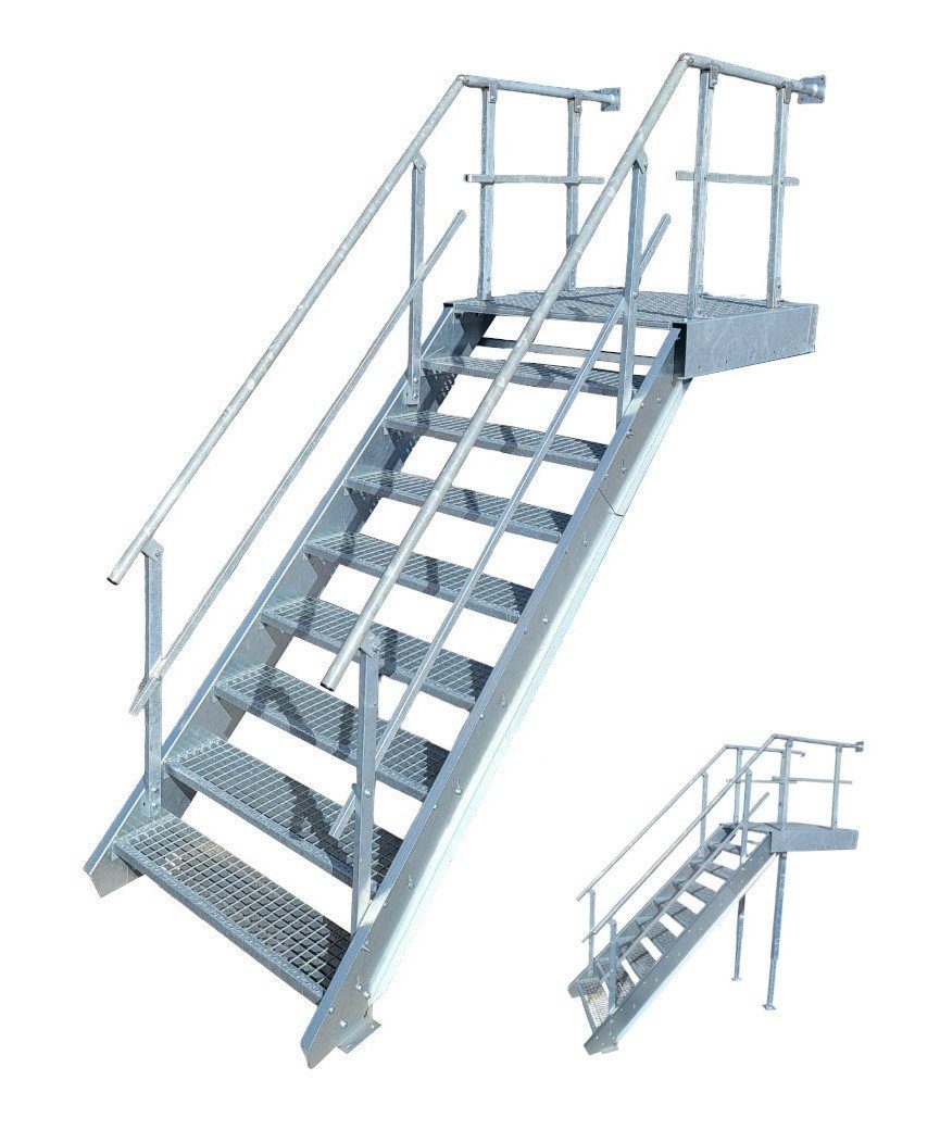 SRM Design Außentreppe 8 Stufen + Podesttreppe beids. Geländer breite 100cm höhe 135-180cm