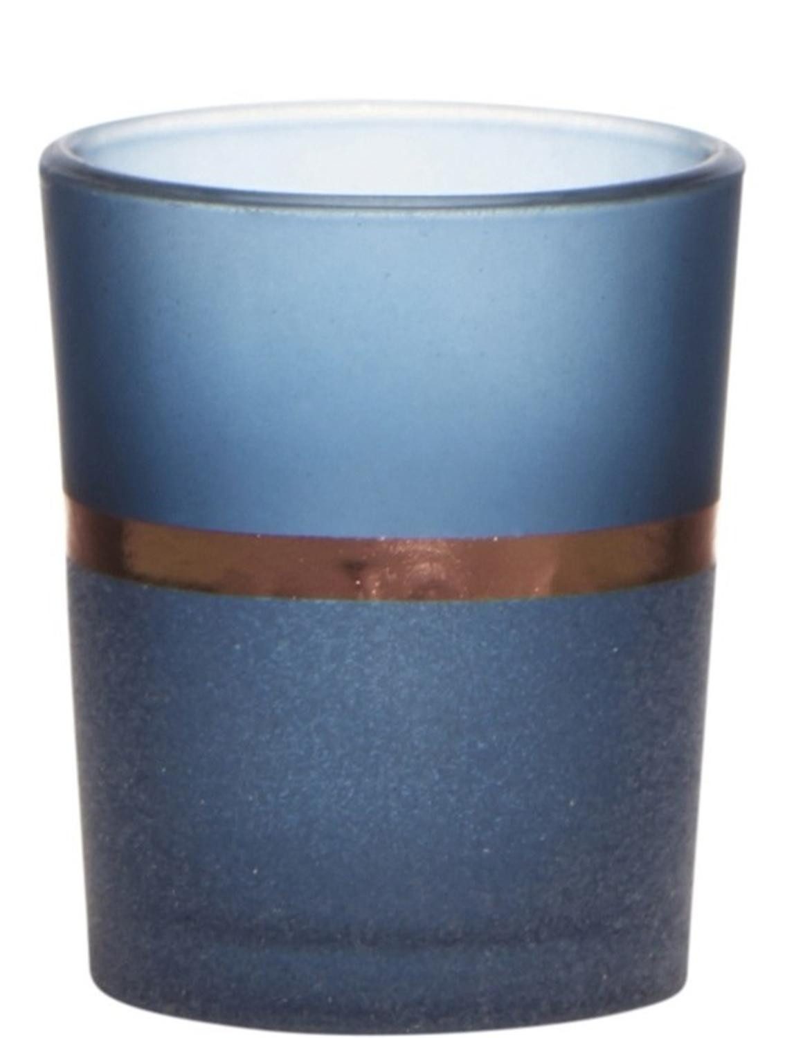 INNA-Glas Kerzenhalter Teelichtglas Dusten, Zierstreifen, blau-matt, 6,5cm, Ø5,5cm