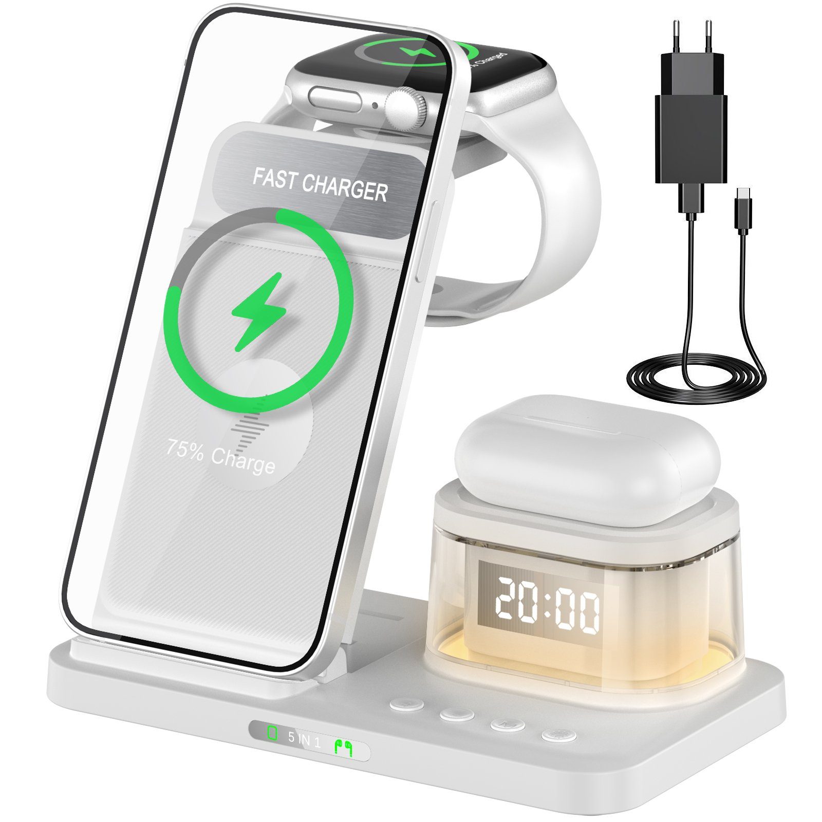 JOEAIS Kabelloses Ladestation 5 in 1 Induktive Ladegerät Wireless Charger Induktions-Ladegerät (für SmartWatch, mit Usb C Charger)