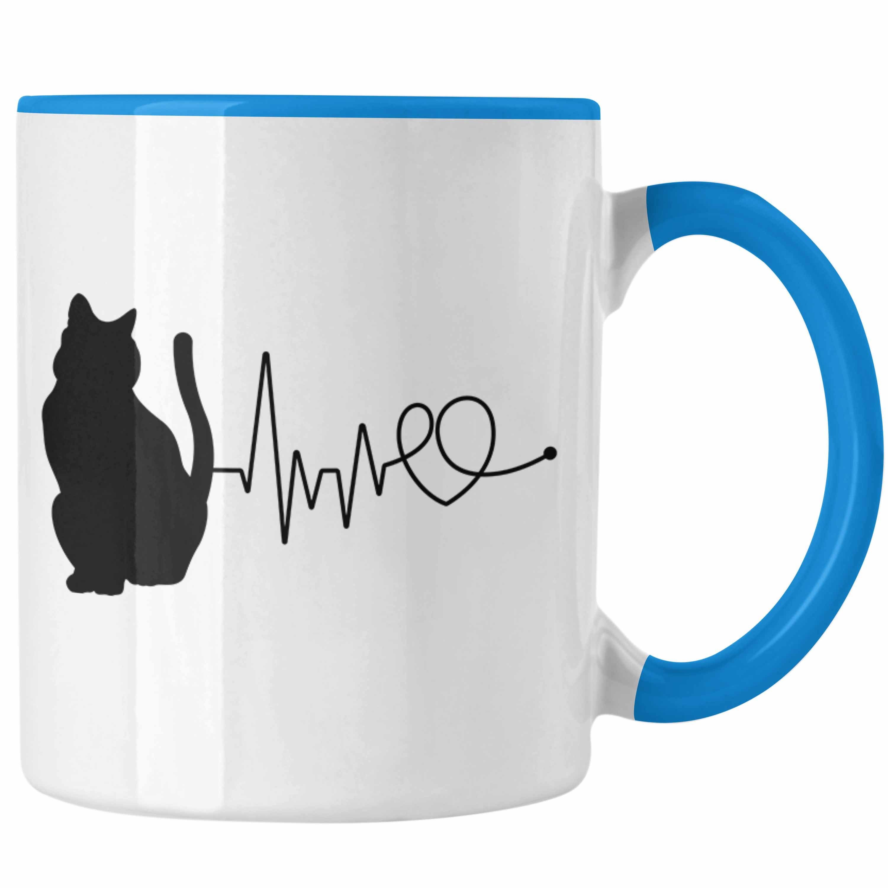 Trendation Tasse Katze Herzschlag Tasse Geschenk für Katzenbesitzerin Kaffee-Becher Blau