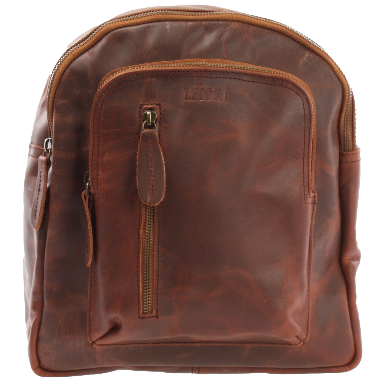 LECONI Freizeitrucksack kleiner Tagesrucksack Cityrucksack Damen Lederrucksack Leder LE1011, Echtleder - 2 Fronttaschen mit Zipper - 28×30×12 cm