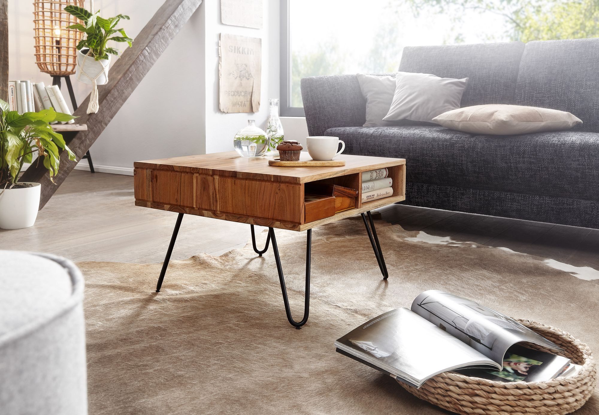 FINEBUY Couchtisch FB67218 quadratisch 60cm Akazie Massiv Wohnzimmertisch mit Ablage (60x60x40 cm Akazie Massivholz / Metall, Sofatisch), Wohnzimmertisch Quadratisch, Kaffeetisch Stauraum