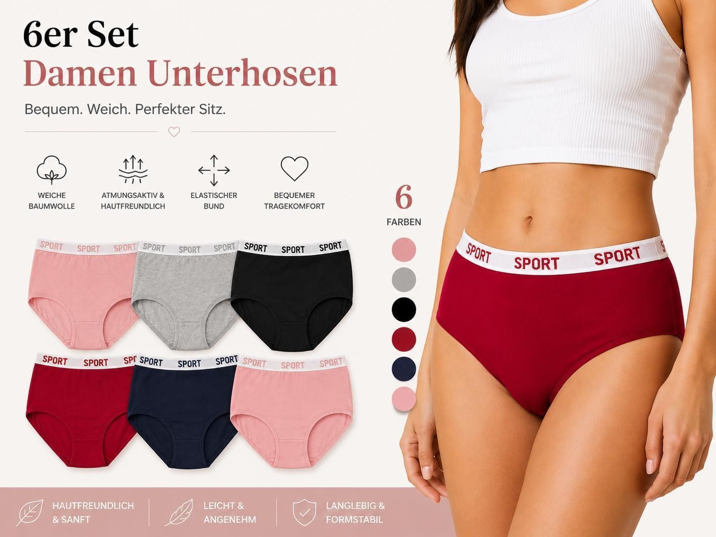 Taillenslip Damen Slips 6er Pack Baumwolle – bequem & atmungsaktiv
