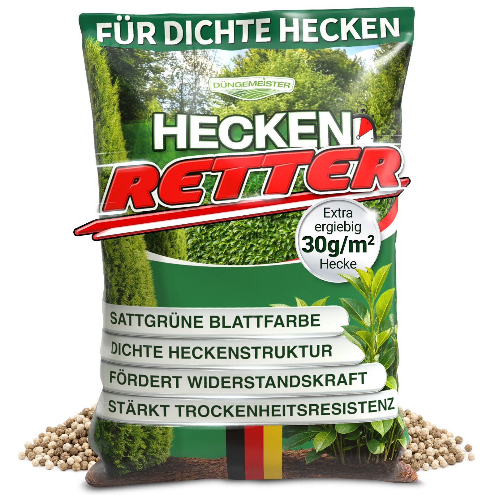 DÜNGEMEISTER Spezialdünger Heckenretter Heckendünger Dünger für grüne Hecken 5/10kg, Granulat, Extra Magnesium, Spezialdünger für Hecken, junge Gehölze und Neuanpflanzungen