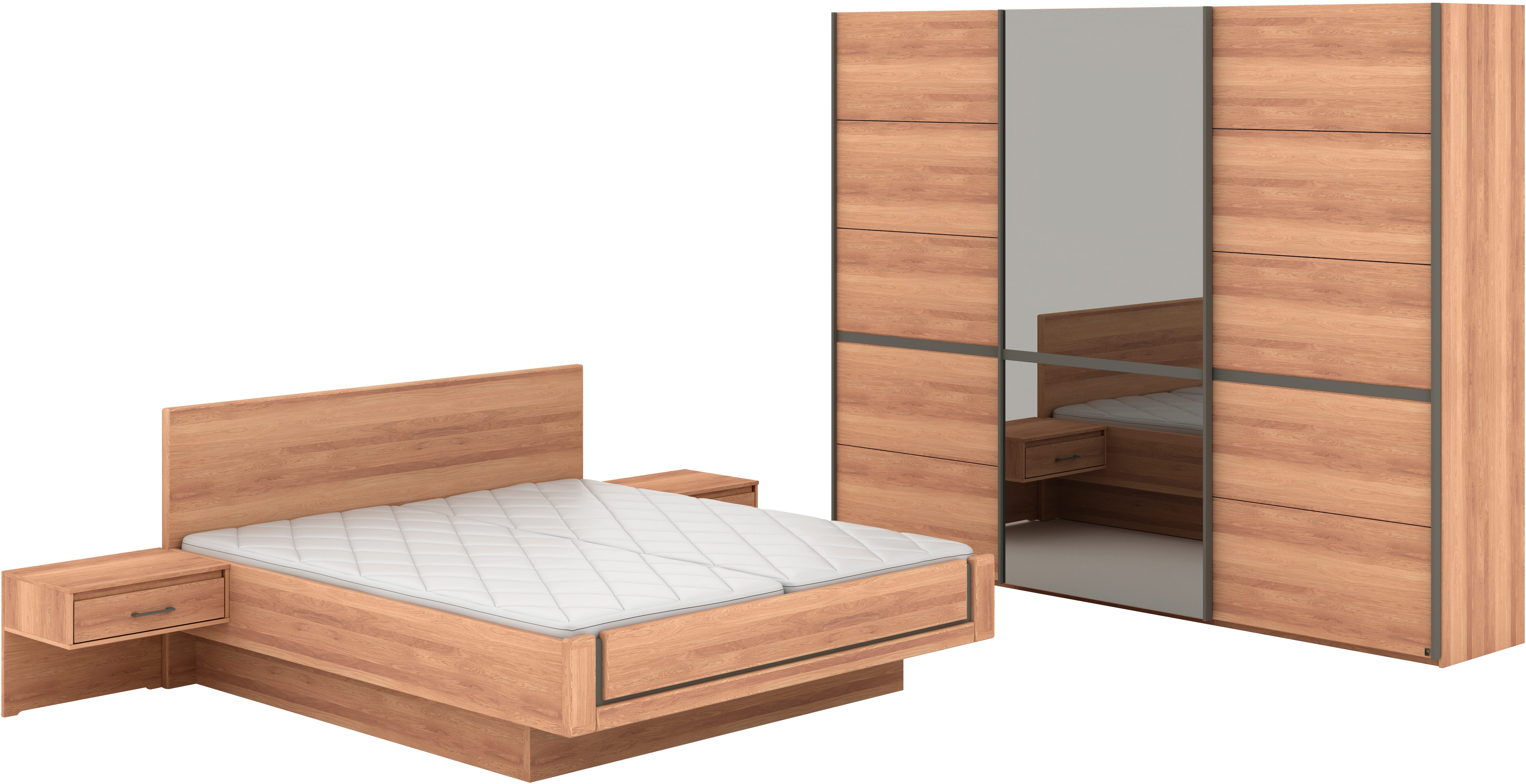 Musterring Schlafzimmer-Set Sorrent, Kleiderschrank, Bett & Nachtkommoden, teilmassiv Eiche, (2er-Set Nachtschränke, Schwebetürenschrank 300 cm, Bett 180x200 cm), mit Schwebetürenschrank, Bett schwebende Optik, Breite Schrank 250cm