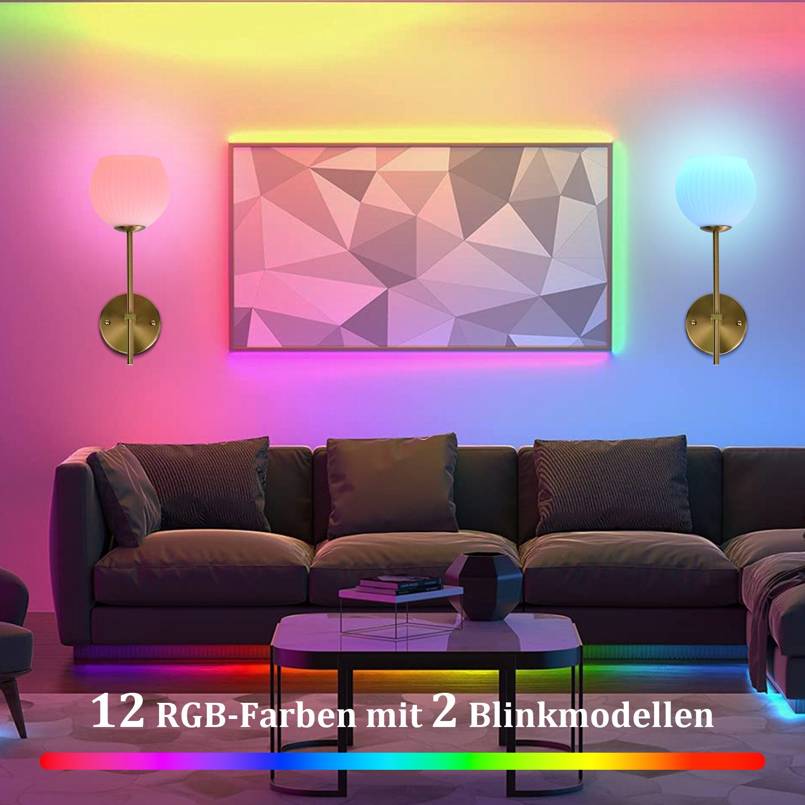 Lapalife Wandleuchte Dimmbare Wiederaufladbare LED Wandleuchte, 2 Stück, 3 Farbmodi, LED wechselbar, Drahtlos Wandleuchte mit Fernbedienung, 12 RGB für Schlafzimmer