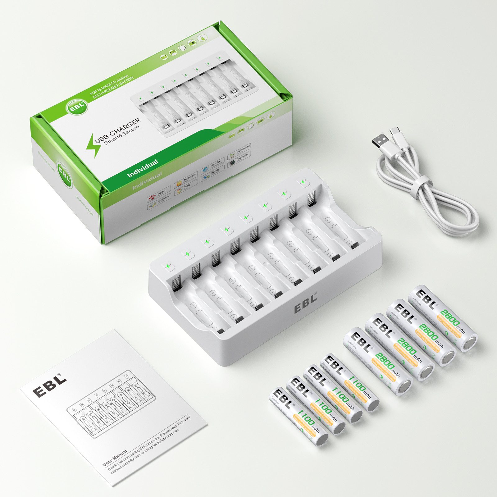 EBL LED Akku ladegerät für 8 AA/AAA Akku mit Einzelschachtladun Akku-Ladestation (1-tlg., mit 8x 1100 mAh AA Akku)