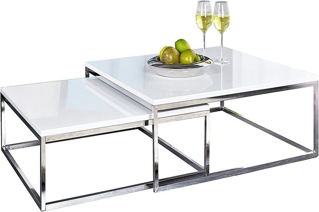 LebensWohnArt Couchtisch 2er Set Design Couchtisch MENTO weiss hochglanz 75cm Edelstahl