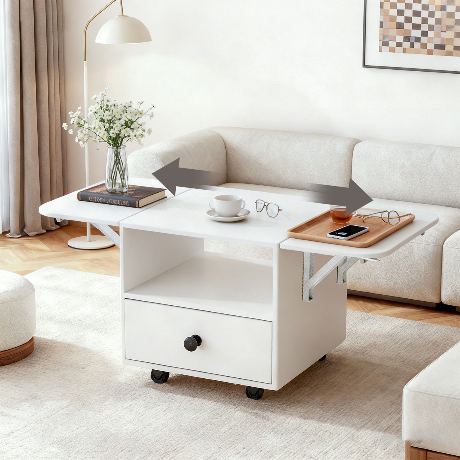 TWSOUL Couchtisch Vielseitiger Wohnzimmertisch mit Schubladen und Aufbewahrung, 120-60Lx 60Bx60H, Beistelltisch Sofatisch auf Rollen, ausziehbar Weiß