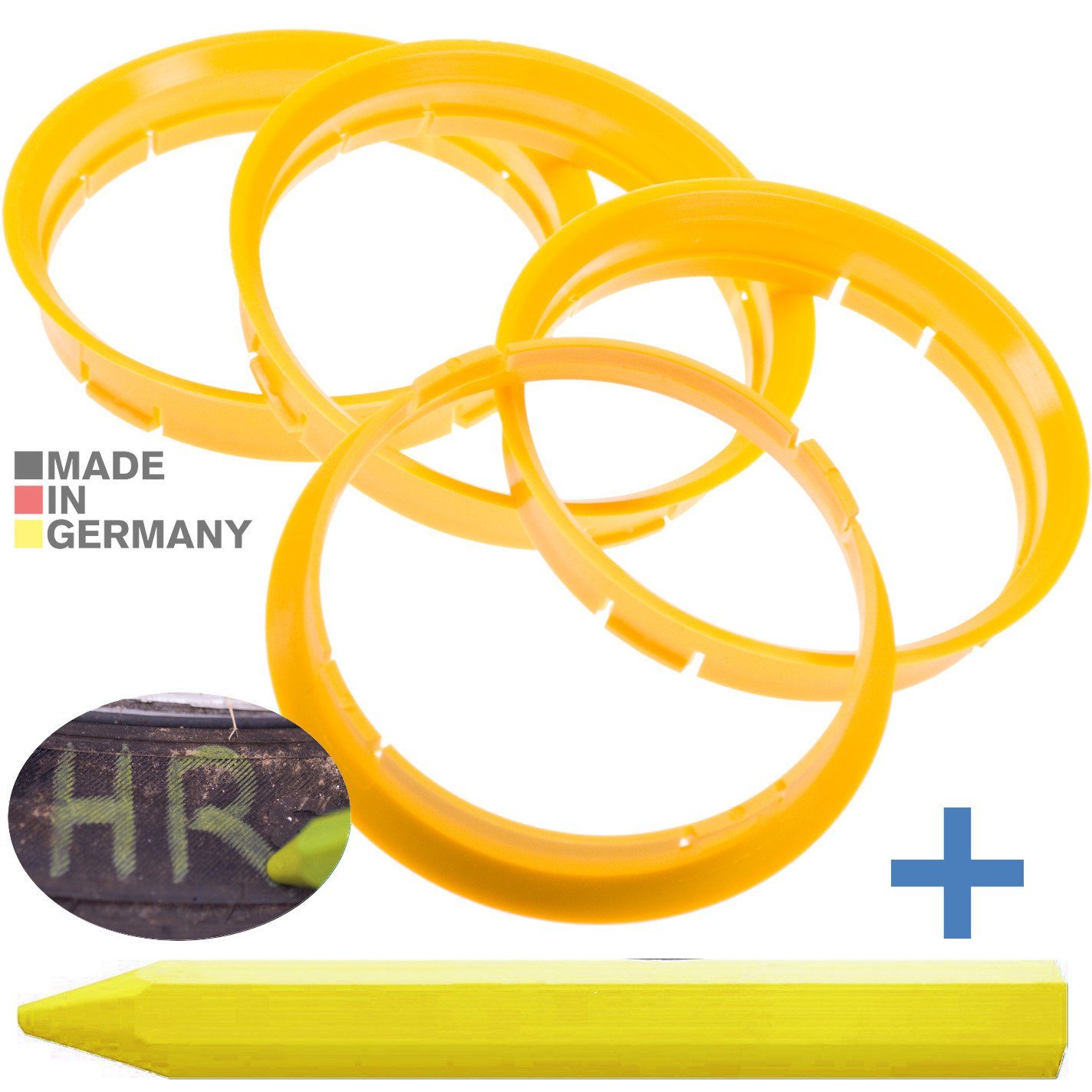 RKC Reifenstift 4X Zentrierringe Gelb Felgen Ringe + 1x Reifen Kreide Fett Stift, Maße: 72,5 x 71,6 mm