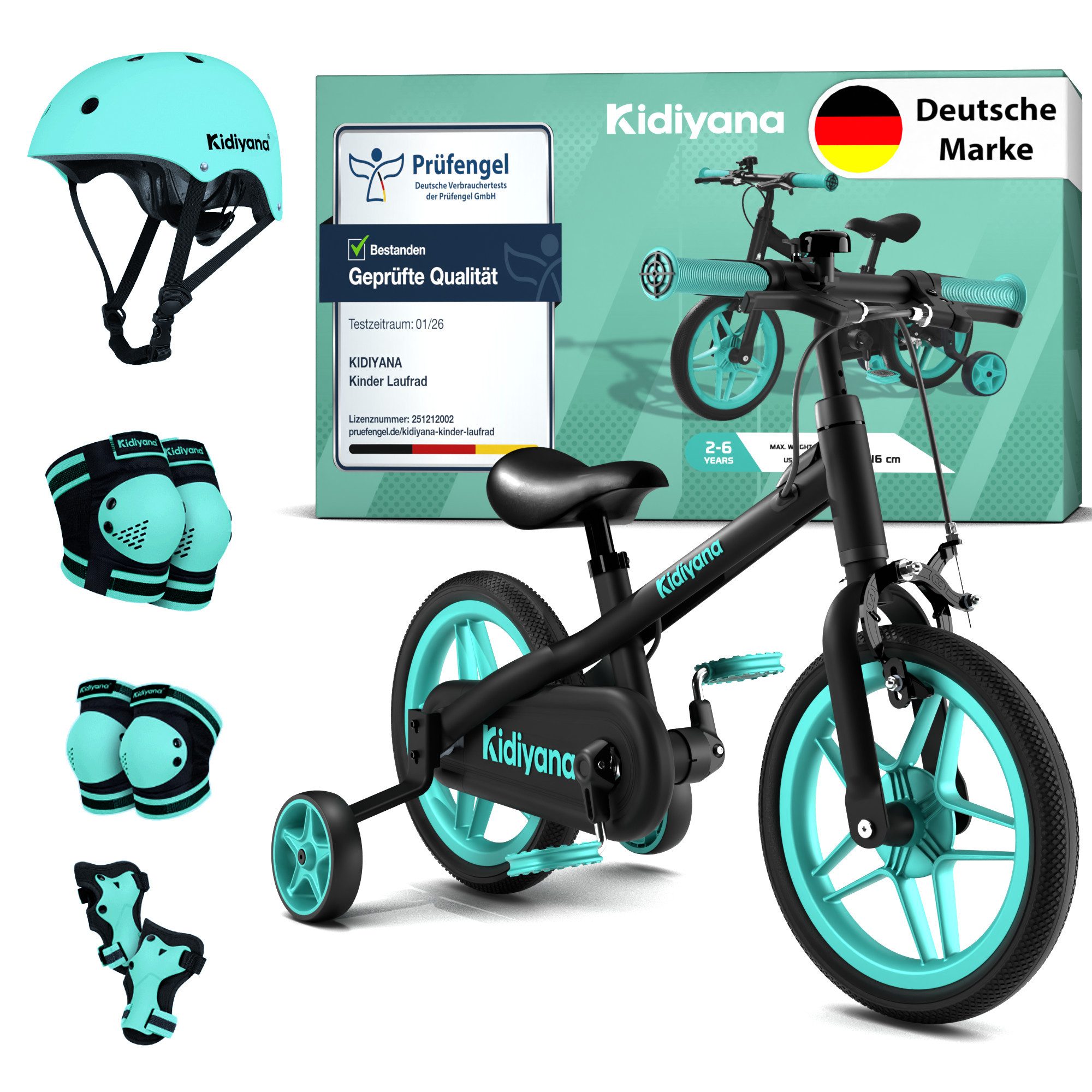 Kidiyana Laufrad Laufrad 3 in 1 ab 3 Jahre mit Helm und Protektoren, bis 50 kg, mit abnehmbaren Pedalen und Stützrädern