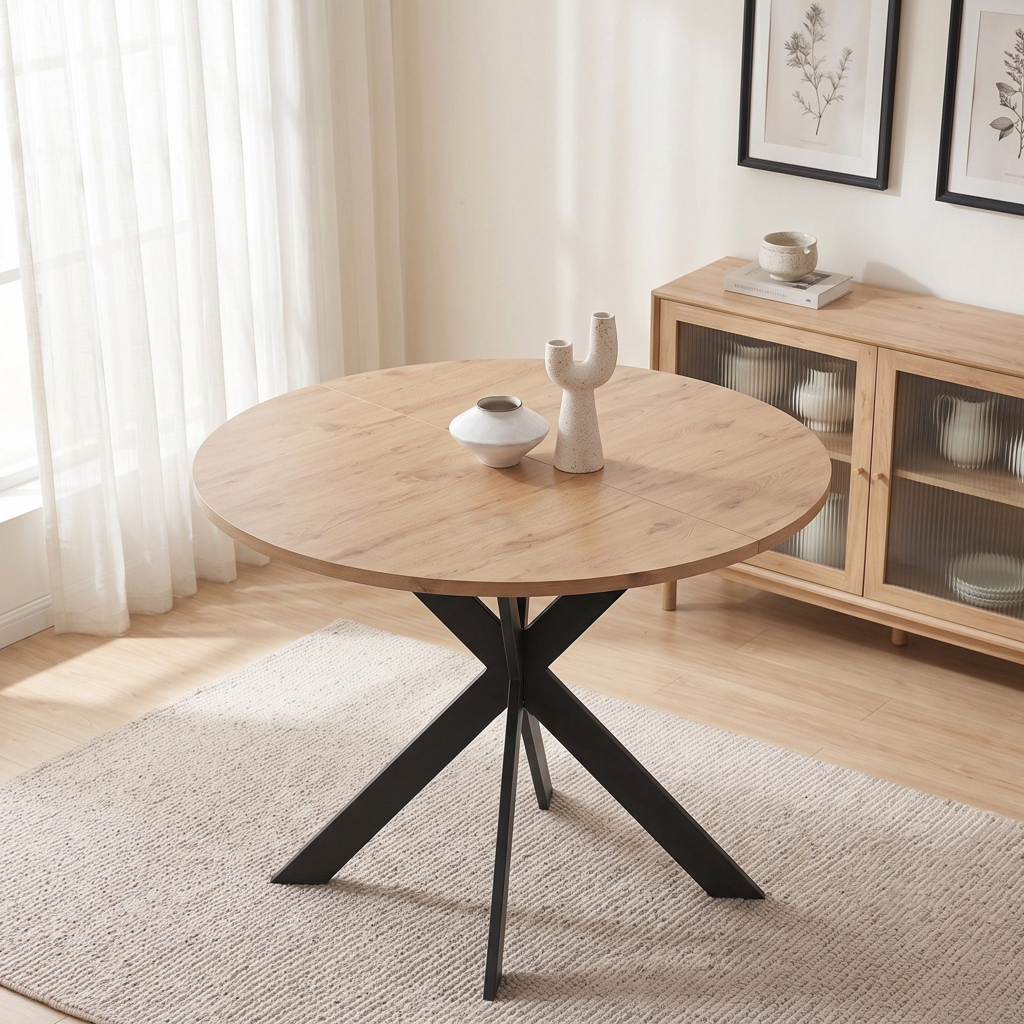 Jiexi Esstisch Runder Esstisch 110cm Holzoptik MDF Tisch mit Metall Kreuzgestell