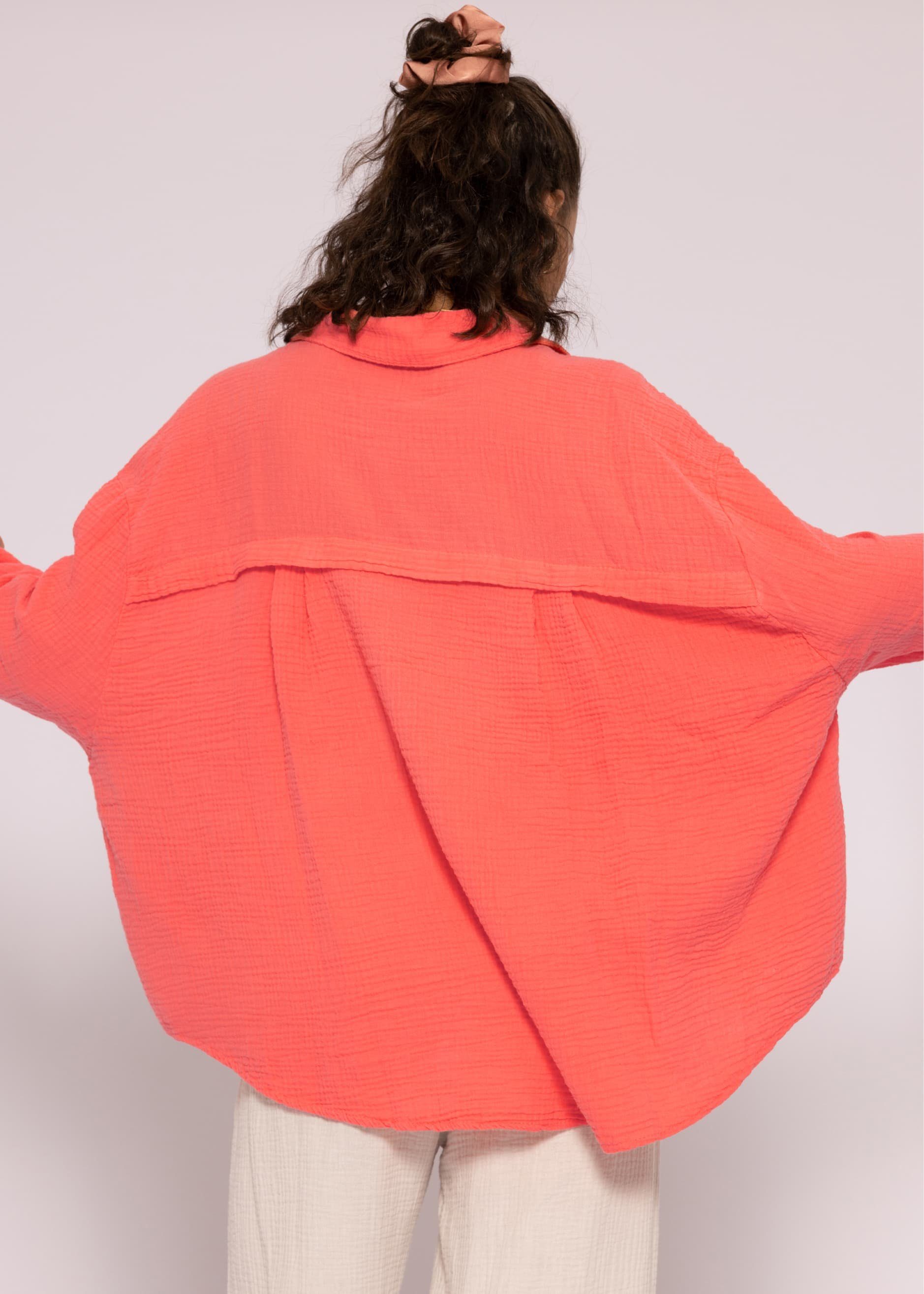 Langarm Oversize Koralle aus Hemdbluse Damen lang Baumwolle SASSYCLASSY mit V-Ausschnitt Longbluse Musselin Bluse