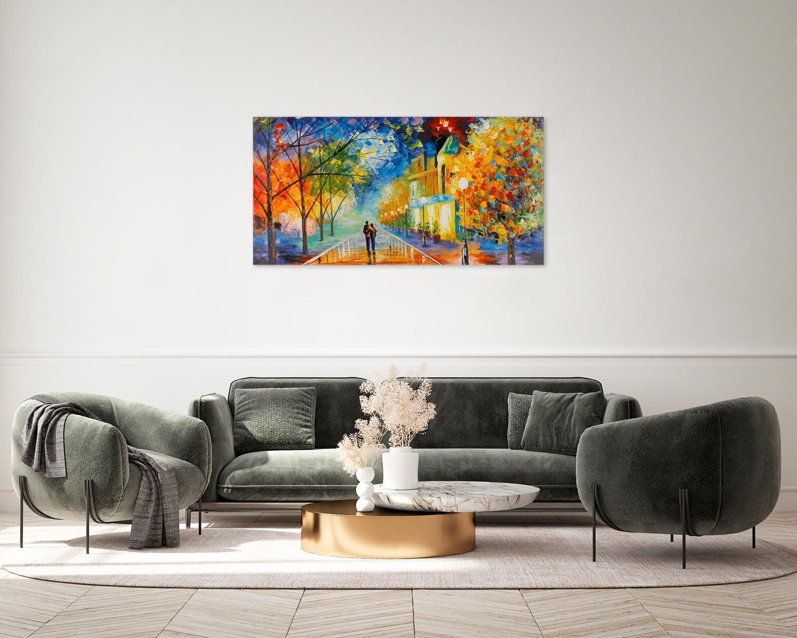 HANDGEMALT Wohnzimmer Gemälde Leinwandbild Fateful 120x60 100% KUNSTLOFT cm, Wandbild Evening