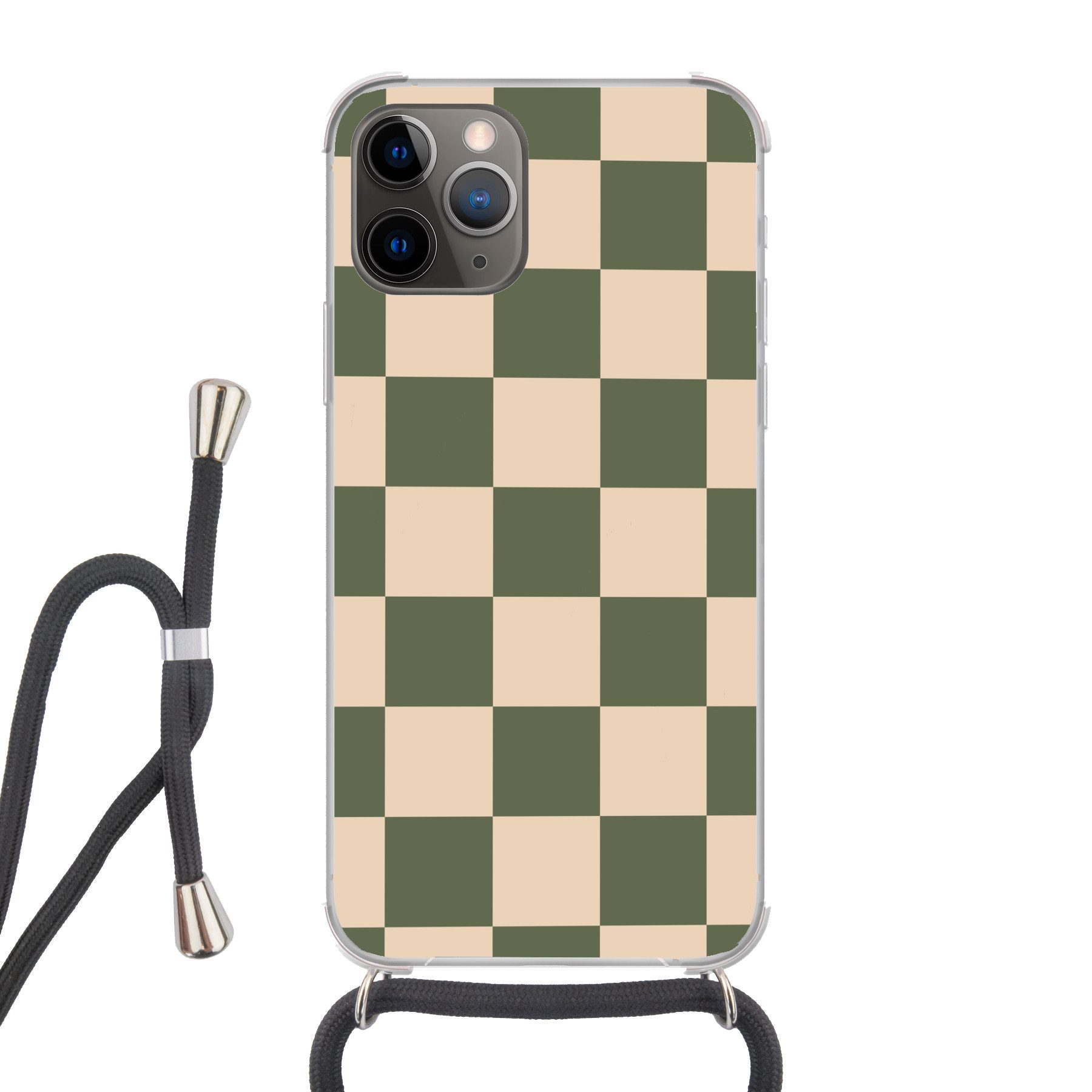 MuchoWow Handyhülle für Apple iPhone 13 Pro Schachbrettmuster - Grün - Beige - Blöcke, Tragbare Handyhüllen mit Kette zum umhängen, Handykette Handyband