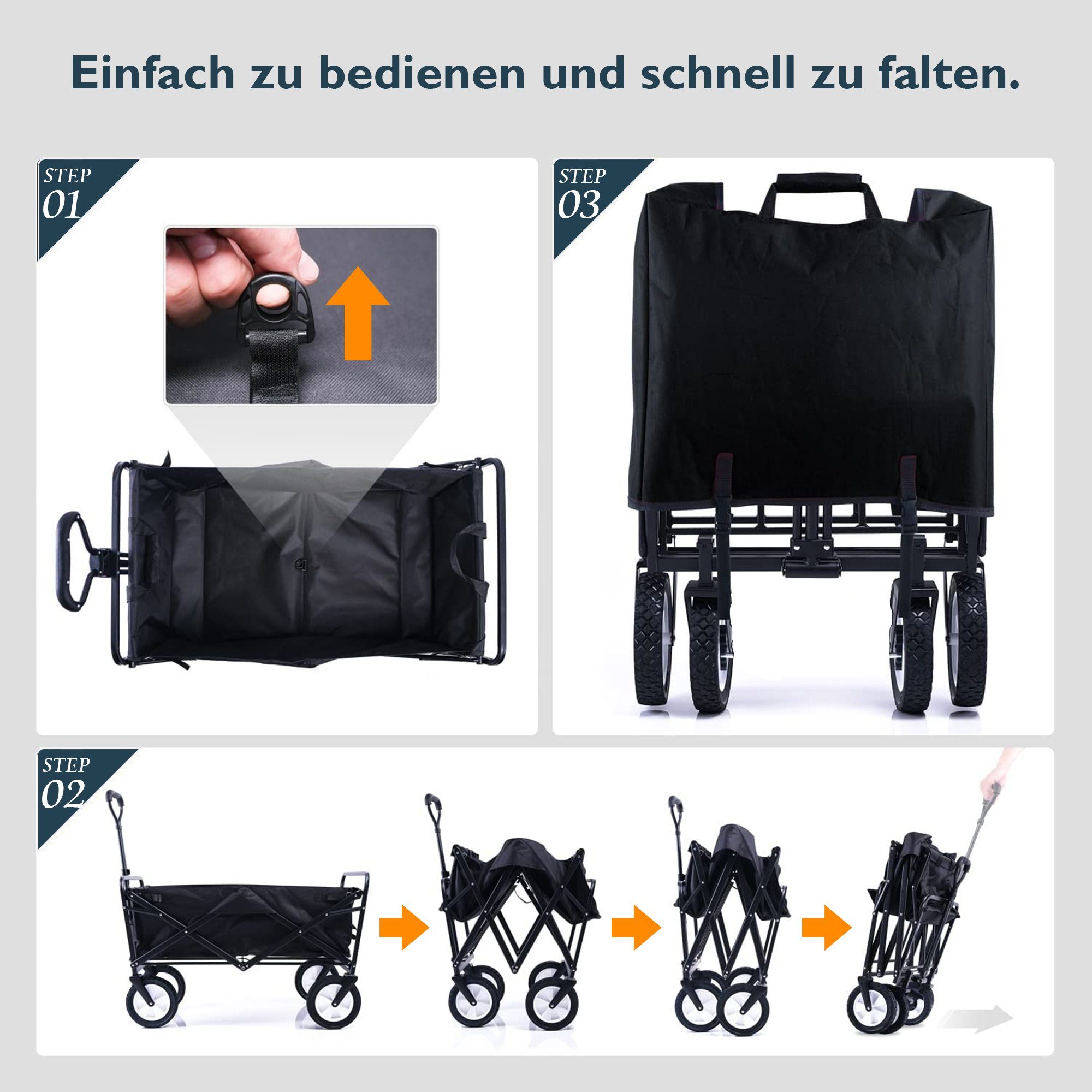 360° Gerätewagen, Hebelgriff, Bollerwagen 120 Ulife (Packung), Oxford-Gewebe Handwagen, schwarzer doppellagiges Vorderrad, faltbarer bis kg versenkbarer