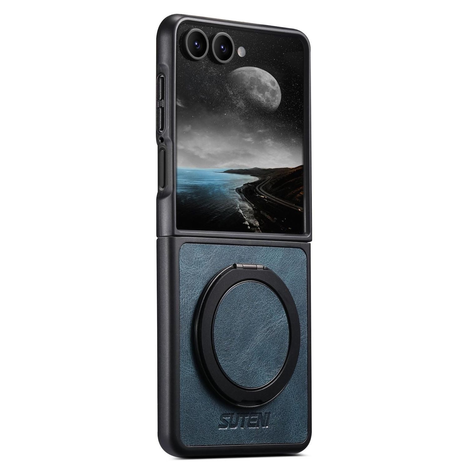 Wigento Handyhülle Für Samsung Galaxy Z Flip7 Suteni MagSafe 360 Grad Ring Hülle Blau, Kunstleder Hülle mit 360° Drehhalter und MagSafe-Funktion
