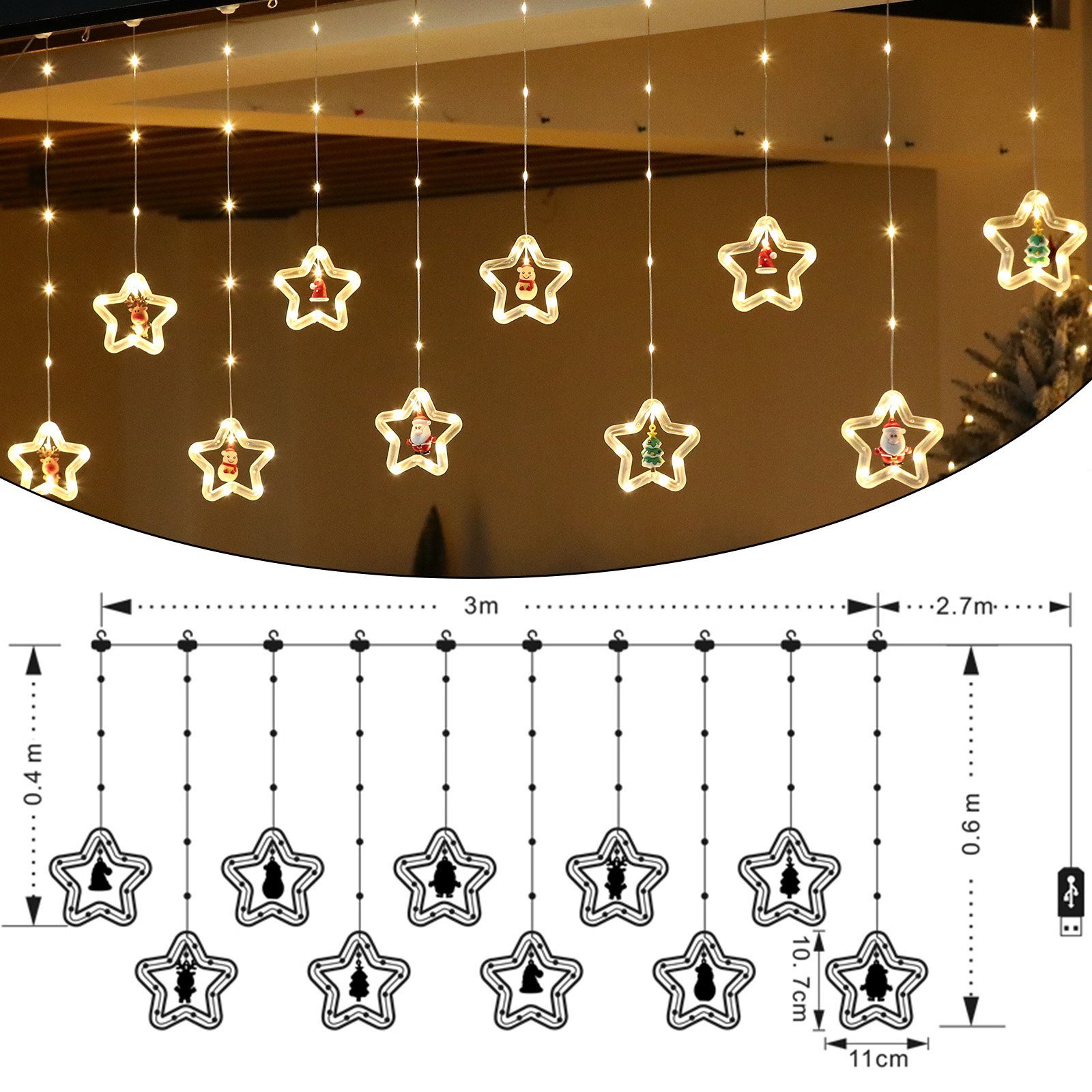 Rosnek LED-Lichtervorhang 3M, Weihnachtsornamente, für Schlafzimmer Fenster Deko, Weihnachtsmann Weihnachtsbaum Rentier