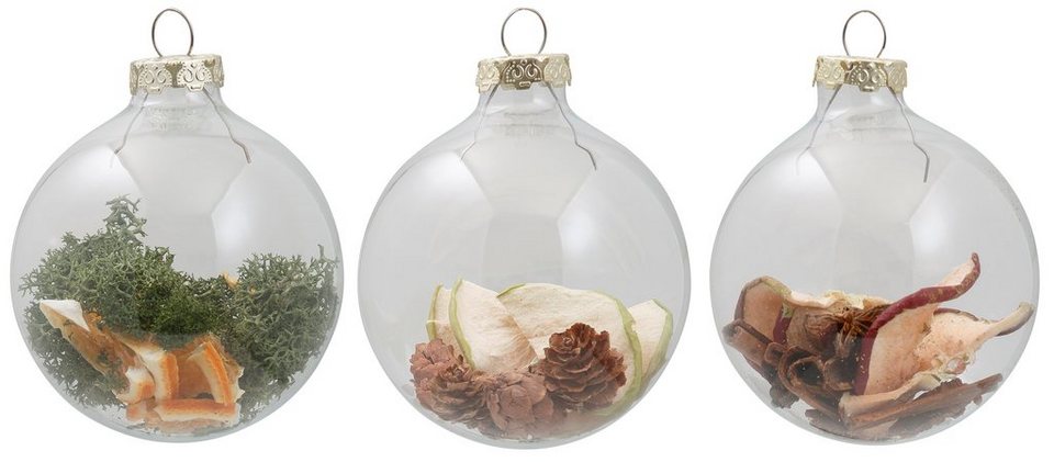 Thüringer Glasdesign Weihnachtsbaumkugel Oh du Fröhliche, Weihnachtsdeko,  Christbaumschmuck (3 St), Christbaumkugeln aus Glas, 3-tlg., mit  Naturmaterialien, Ø ca. 8 cm