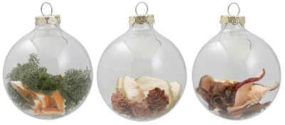 Thüringer Glasdesign Weihnachtsbaumkugel Oh du Fröhliche, Weihnachtsdeko, Christbaumschmuck (3 St), Christbaumkugeln aus Glas, 3-tlg., mit Naturmaterialien, Ø ca. 8 cm