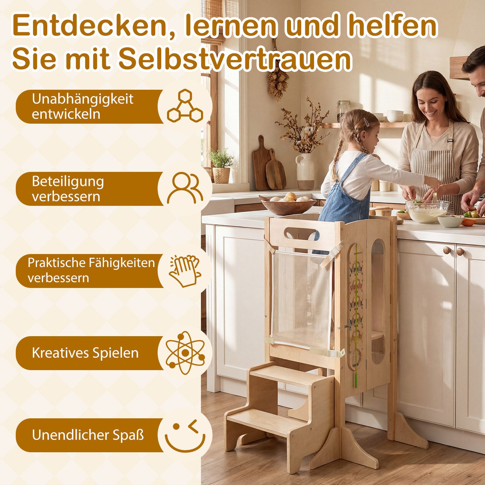 COSTWAY Tritthocker, 4 in 1 Lernturm klappbar mit 2-Stufen Hocker, Tafel