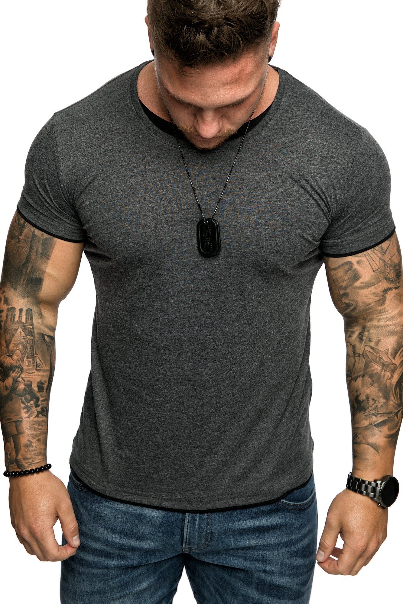Herren LAKEWOOD Rundhalsausschnitt Farbig T-Shirt Slim-Fit Anthrazit/Schwarz Shirt Doppel Amaci&Sons Basic mit