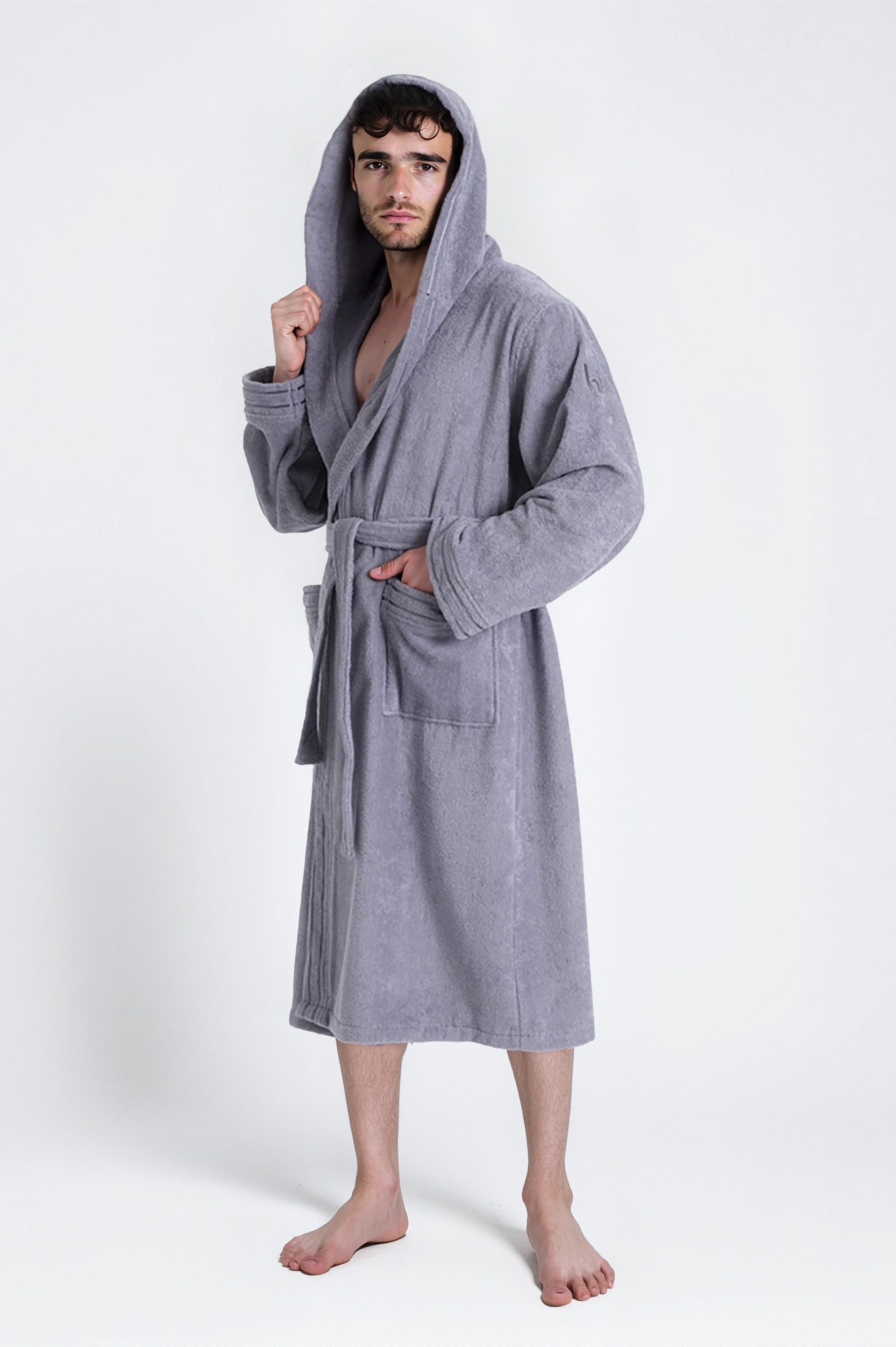 Bruno Banani Herrenbademantel Clement, ideal für Sauna & Spa, Hotelbademantel, Morgenmantel, Langform, Walkfrottier, Kapuze, Gürtel, 100% Baumwolle, einfarbig, glänzende Streifen-Bordüre, Taschen, S-4XL