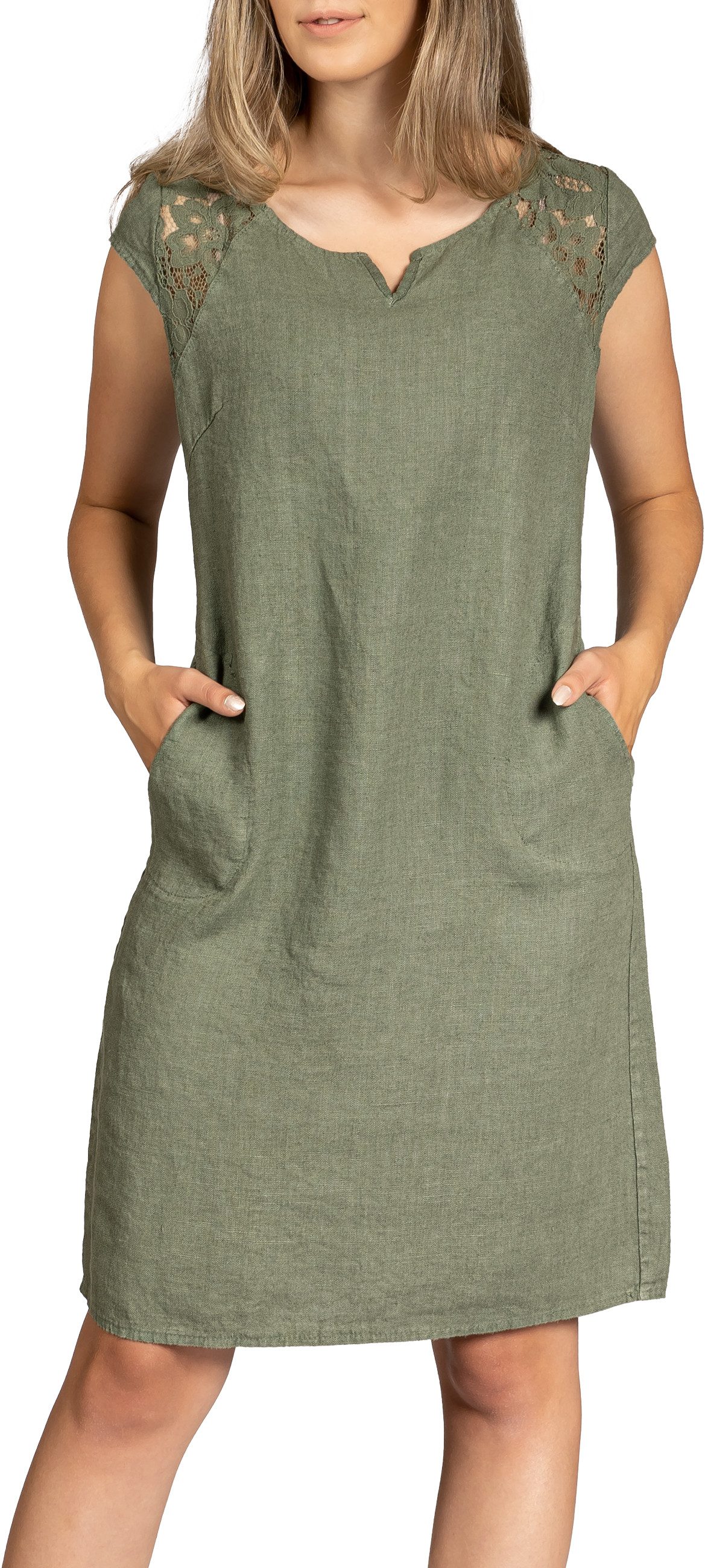 Caspar Sommerkleid SKL042 Damen Sommer Leinenkleid mit dezentem Spitzeneinsatz Luftig leicht, figurumspielende Form, mit seitlichem Jersey-Einsatz