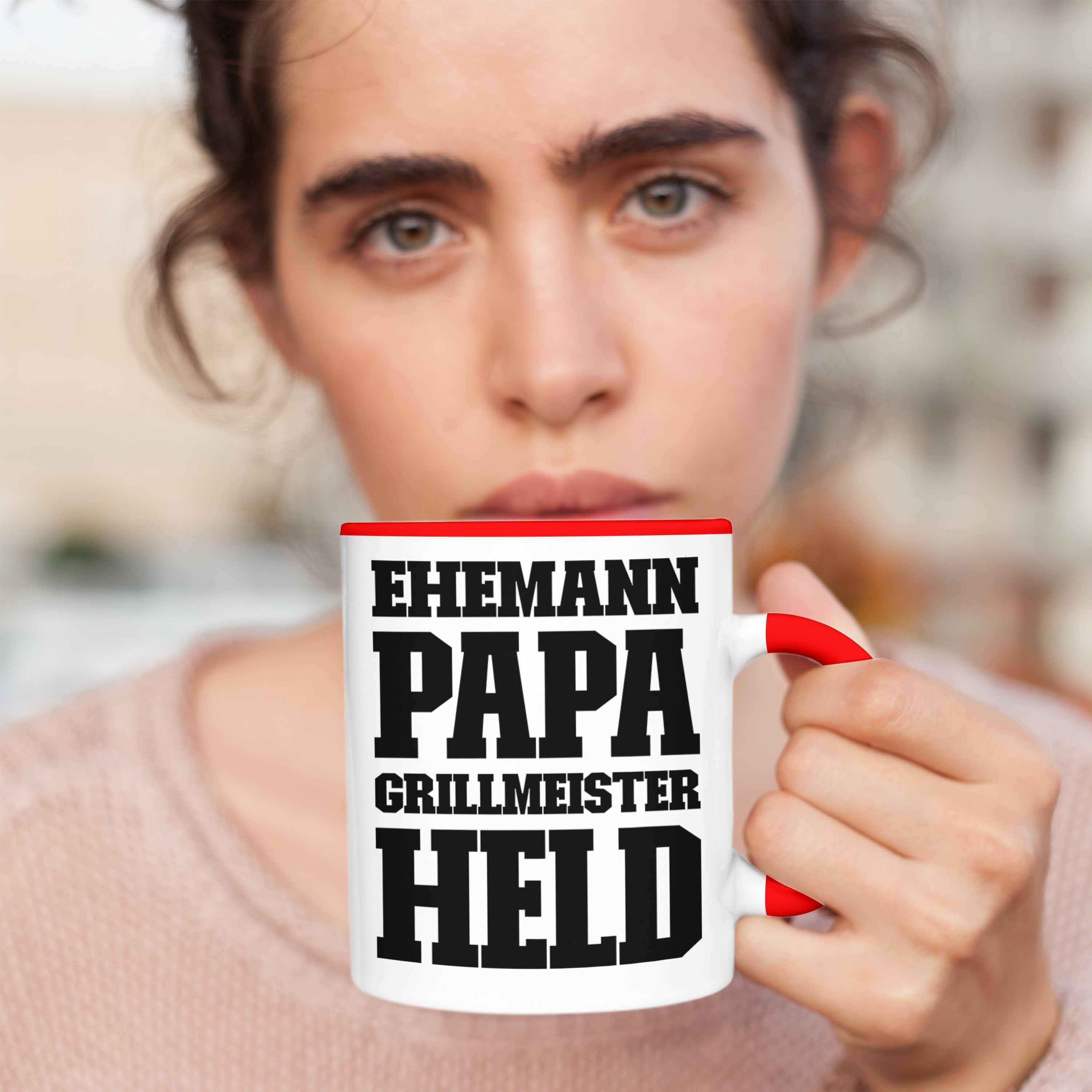 Trendation Vatertag Held Papa Geschenkidee Becher Tasse Kaffeetasse Geschenk - Ehemann Tasse Grillen Rot Sommer Trendation