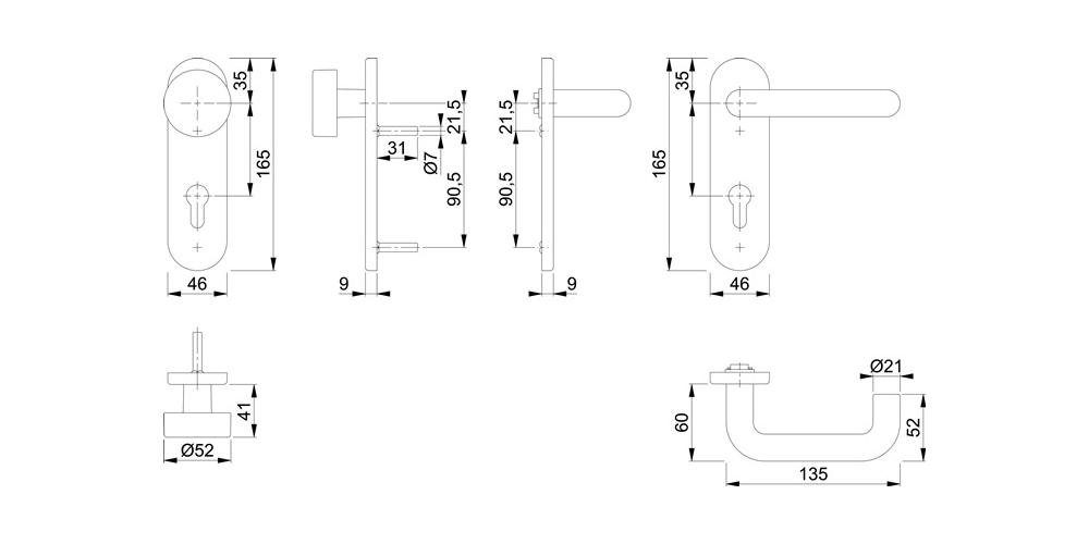 Türbeschlag DIN / FS-K58/353K/138 mm D/K Paris für rechts abgerundet Kunststoff Feuerschutzgarnitur HOPPE 40-66 PZ F9005 links Türstärke