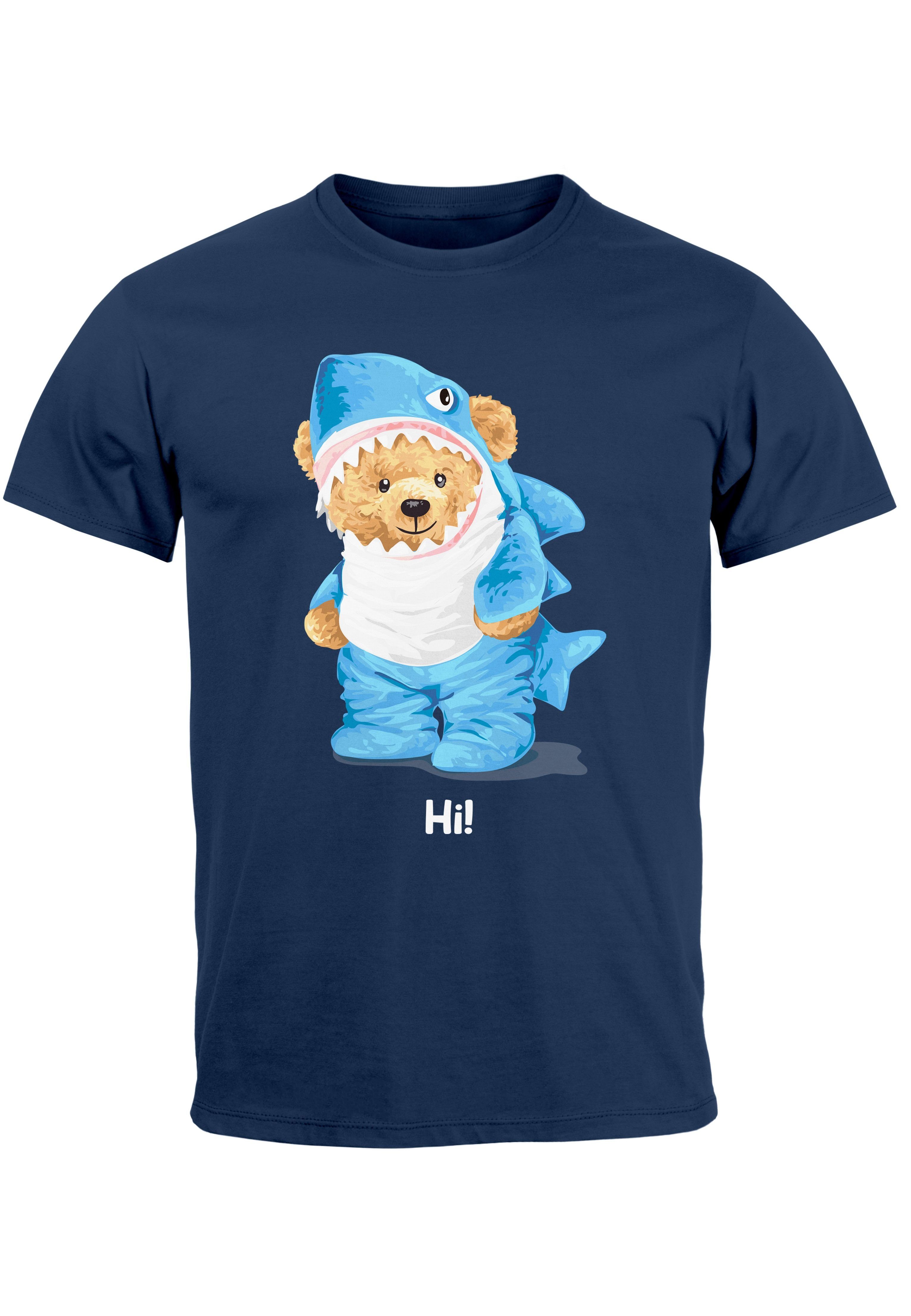 Neverless Print-Shirt Herren T-Shirt Hai Hi Teddy Bär Witz Parodie Printshirt Aufdruck Fashi mit Print navy