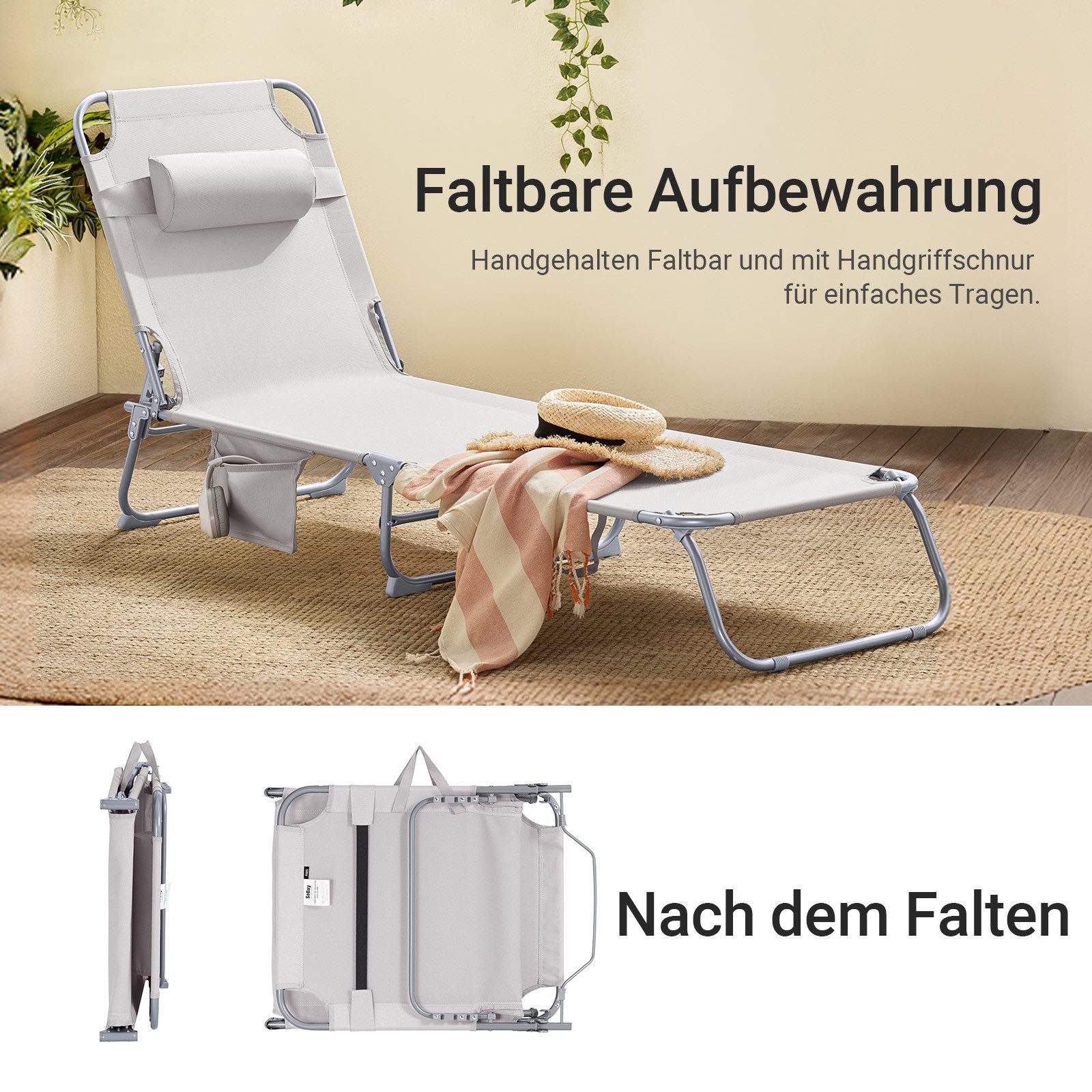 SoBuy Gartenliege OGS35x2, 2-er Set Sonnenliege klappbar, Gartenliege Liegestuhl, 2er Set, Strandliege mit Kopfkissen und Seitentasche