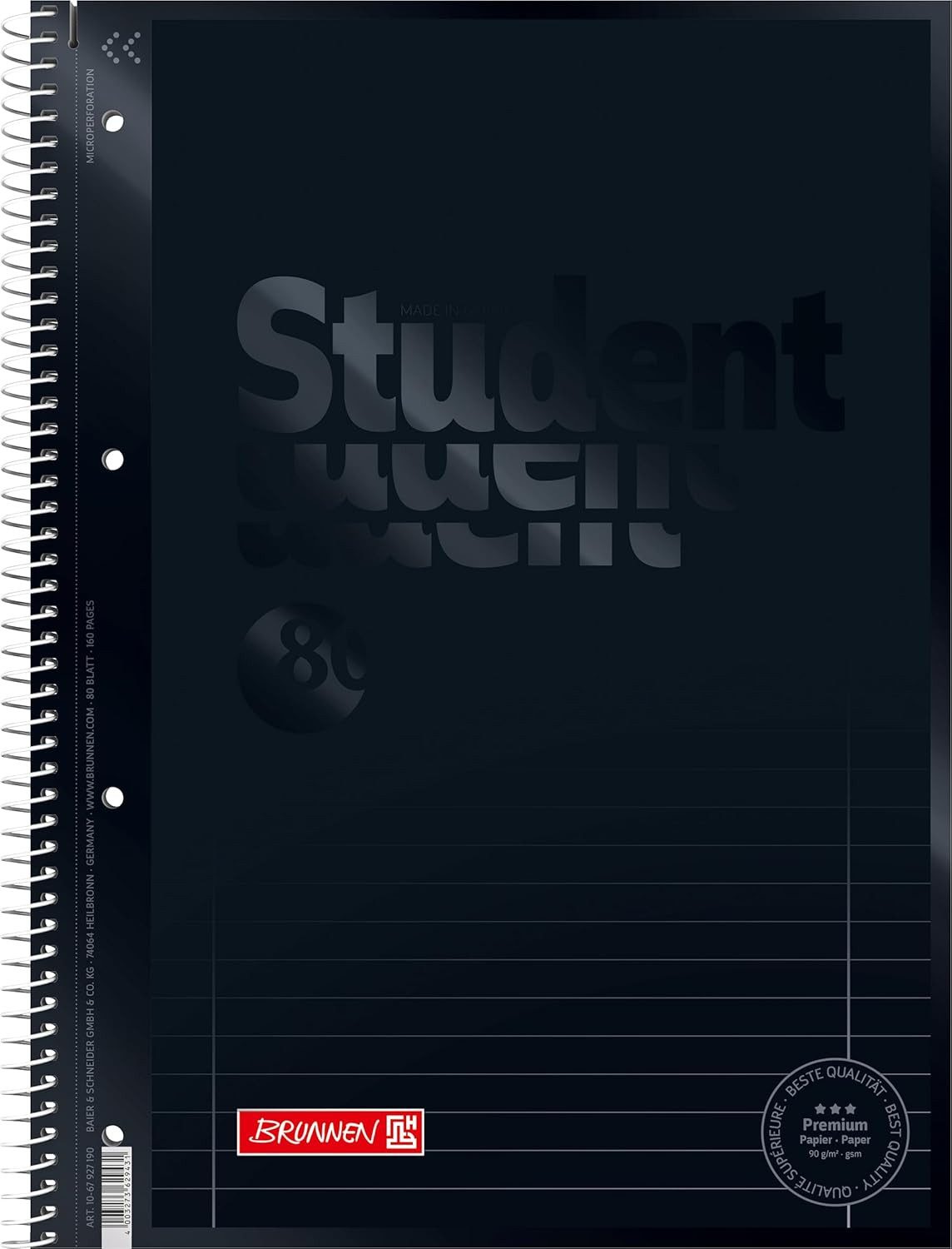 BRUNNEN Schulheft BRUNNEN Colour Code Premium Collegeblock A4 - Onyx Schwarz mit Schloss