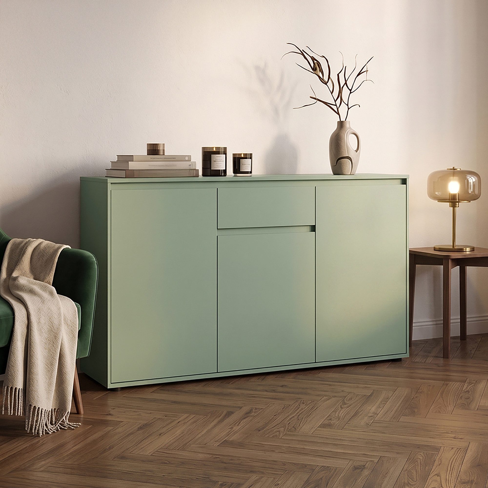 Lomadox Sideboard ZOLLINO-129, in Grün, 137 cm breit mit 3 Türen & 1 Schublade