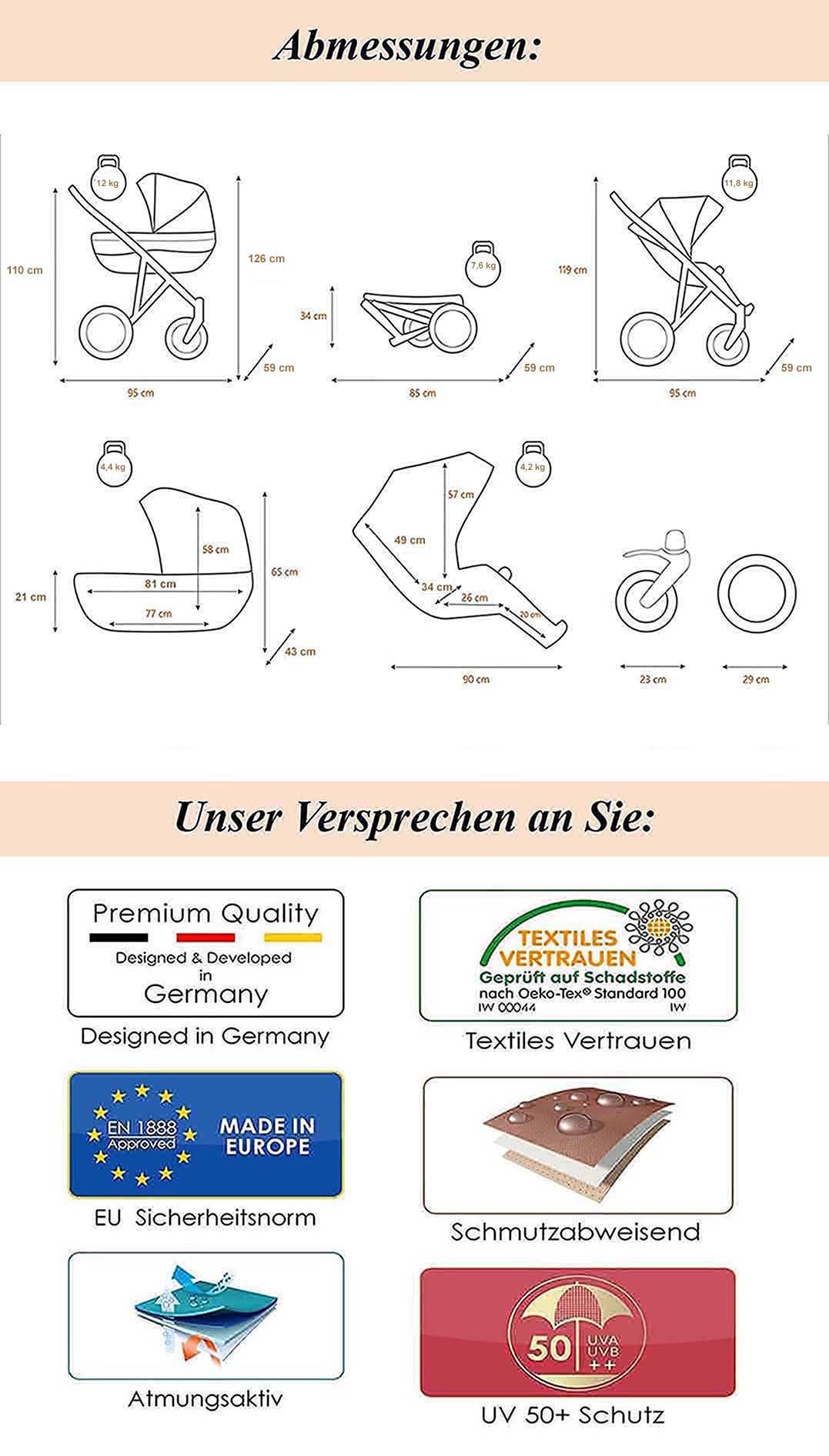 babies-on-wheels Kombi-Kinderwagen 4 in - Farben Kinderwagen-Set Navy 16 - 14 = 1 kupfer Teile in Dante Gestell