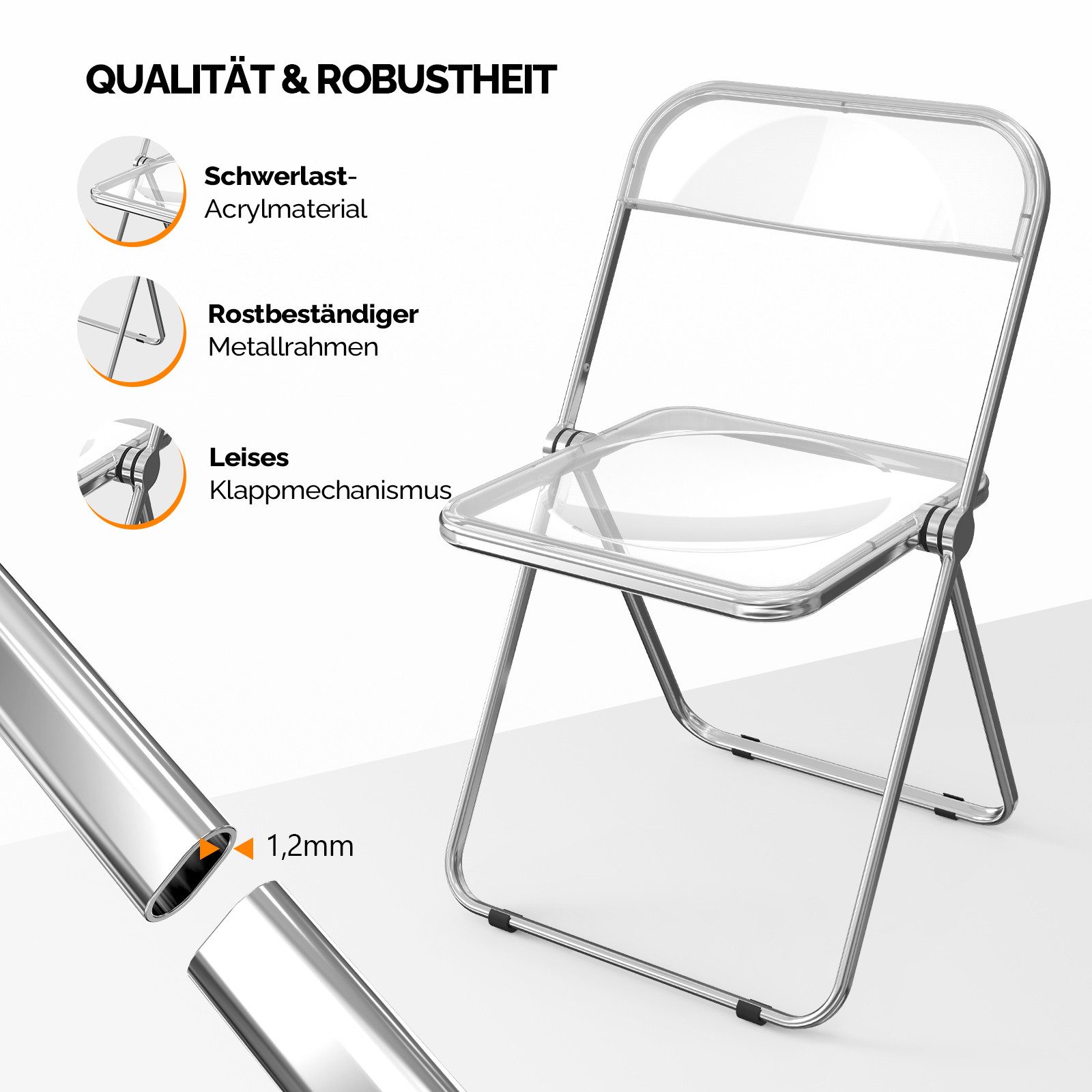 VINGLI Klappstuhl 2er/4er/6er/8er/10/12er Set, Klappstühle aus Metall & Kunststoff (2 St), für Innen- & Außenbereich, bis 159KG, Schwarz/Weiß/Transparent – Bild 3 von 5