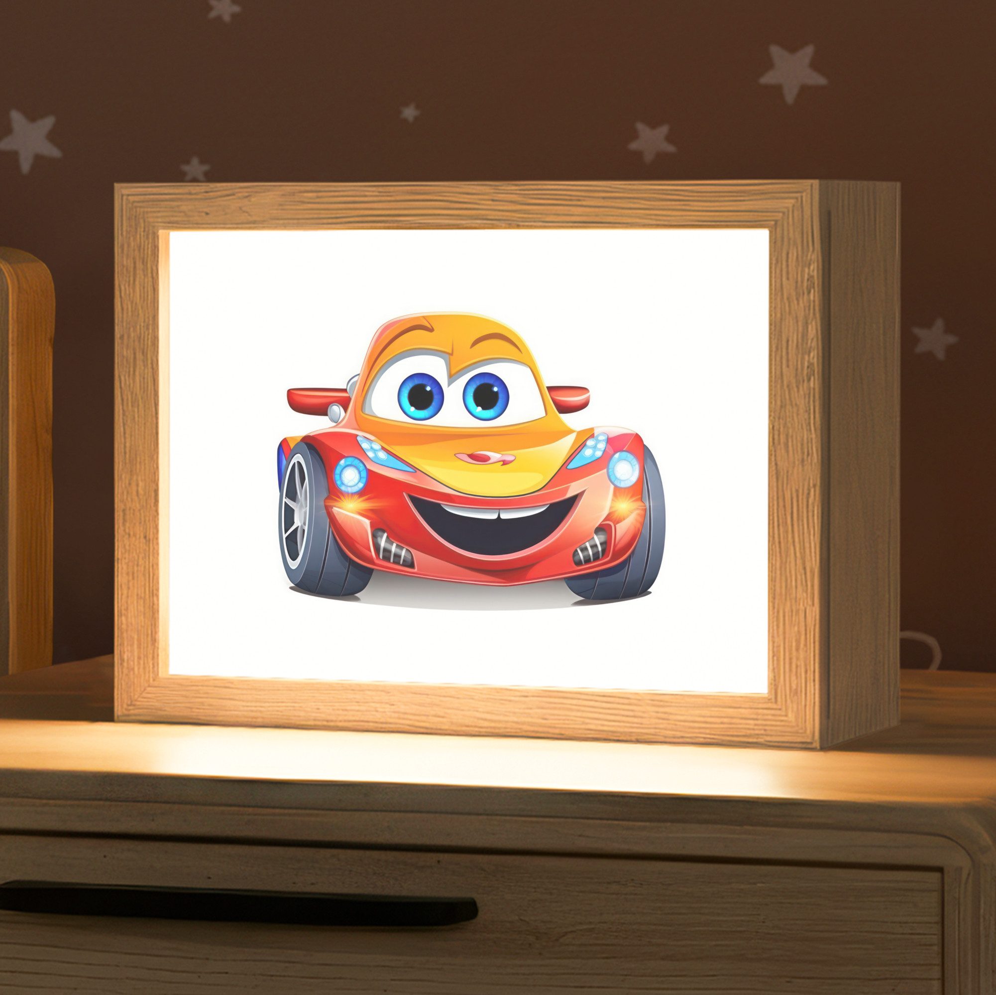 OnlyWow Nachttischlampe Lightbox Rennwagen - Orange - Kinder - Auto - Jungen, Dimmbar, Farbwechsel, LED, Warmweiß, Kaltweiß, Neutralweiß Einstellbar, Nachtlicht, Kinder- und Babyzimmer, Dimmbar, mit Kabel, Tischleuchte