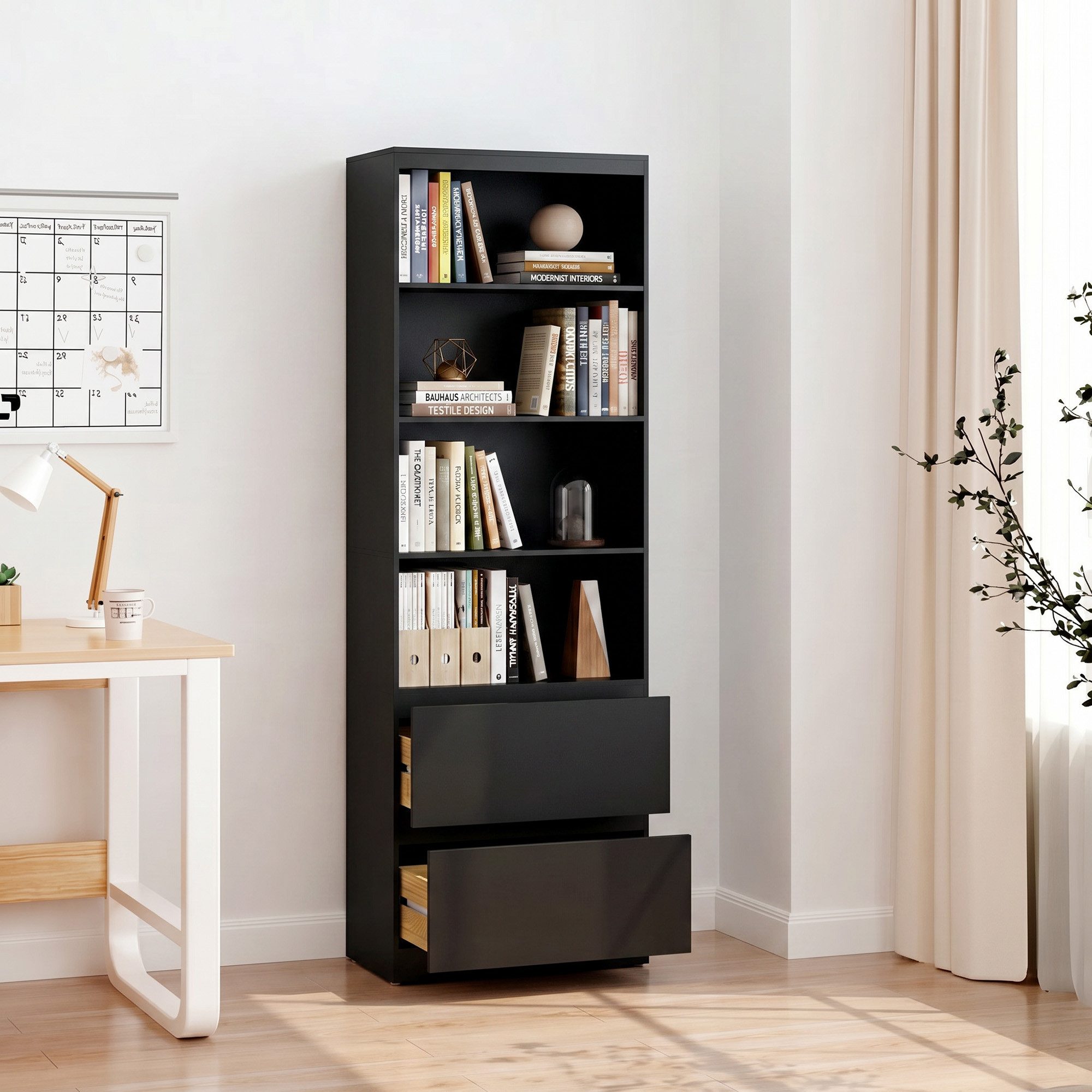 Blishom Bücherregal Schmales Bücherregal mit 4 Ablagen und 2 Schubladen, Offener Aufbewahrungsschrank mit Kippschutz – Bild 5 von 5