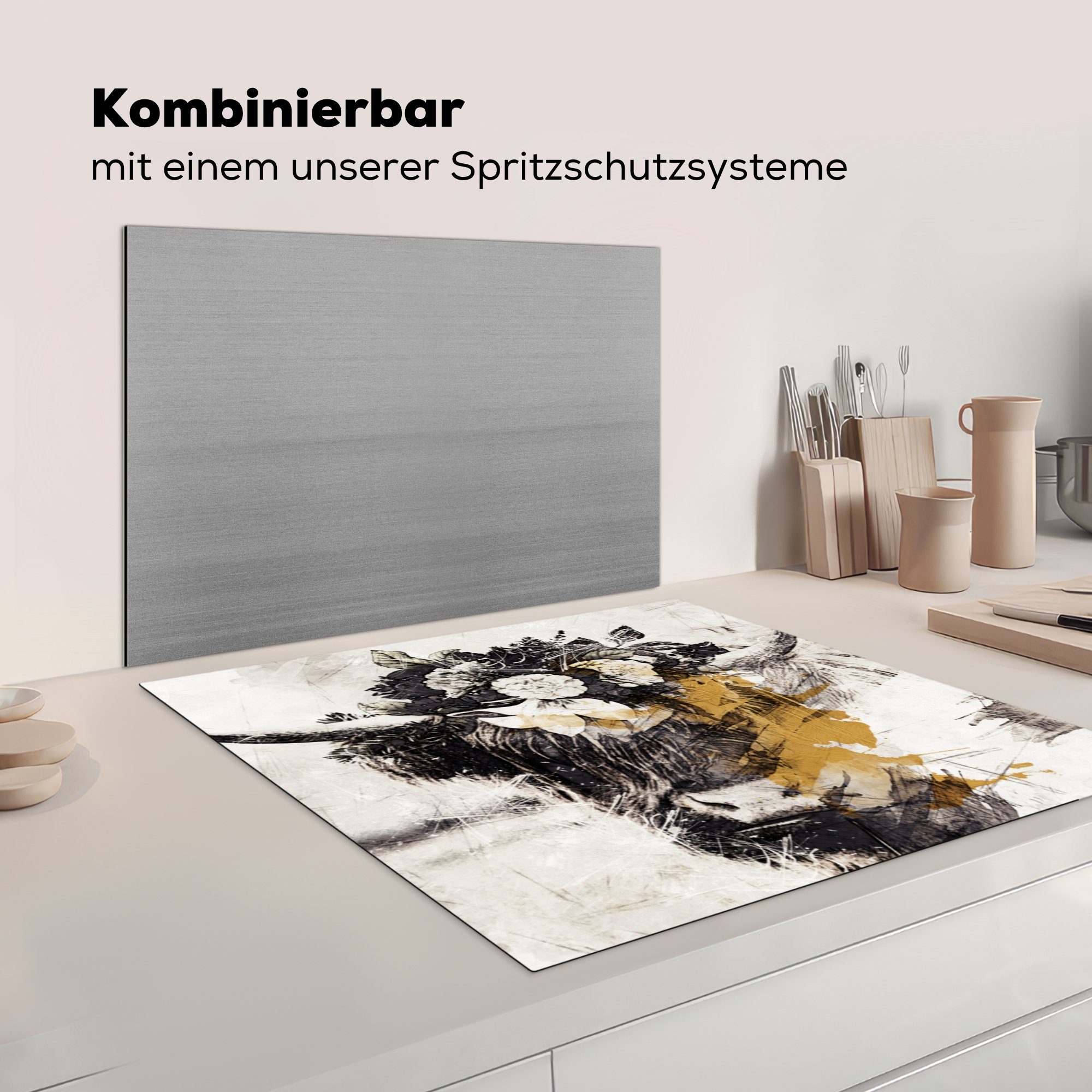 - MuchoWow tlg), - Vinyl, Blumen Weiß, - für Arbeitsplatte (1 Highlander Ceranfeldabdeckung, küche Herdblende-/Abdeckplatte cm, 78x78 Schwarz Schottischer