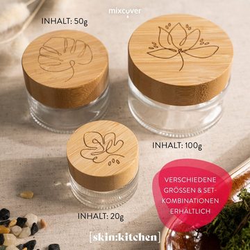 Mixcover Aufbewahrungsbox skinkitchen Glastiegel mit Bambusdeckel & Gravur für selbstgemachte Kosmetik 3er Set 100g "Klar"