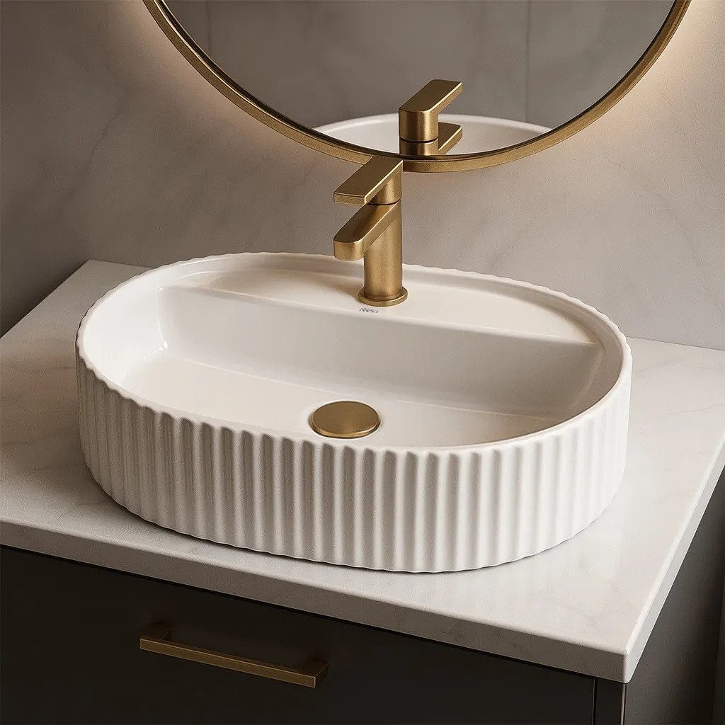 wohnwerk.idee Aufsatzwaschbecken Waschbecken oval geriffelt Keramik Design Waschtisch 50/60 cm